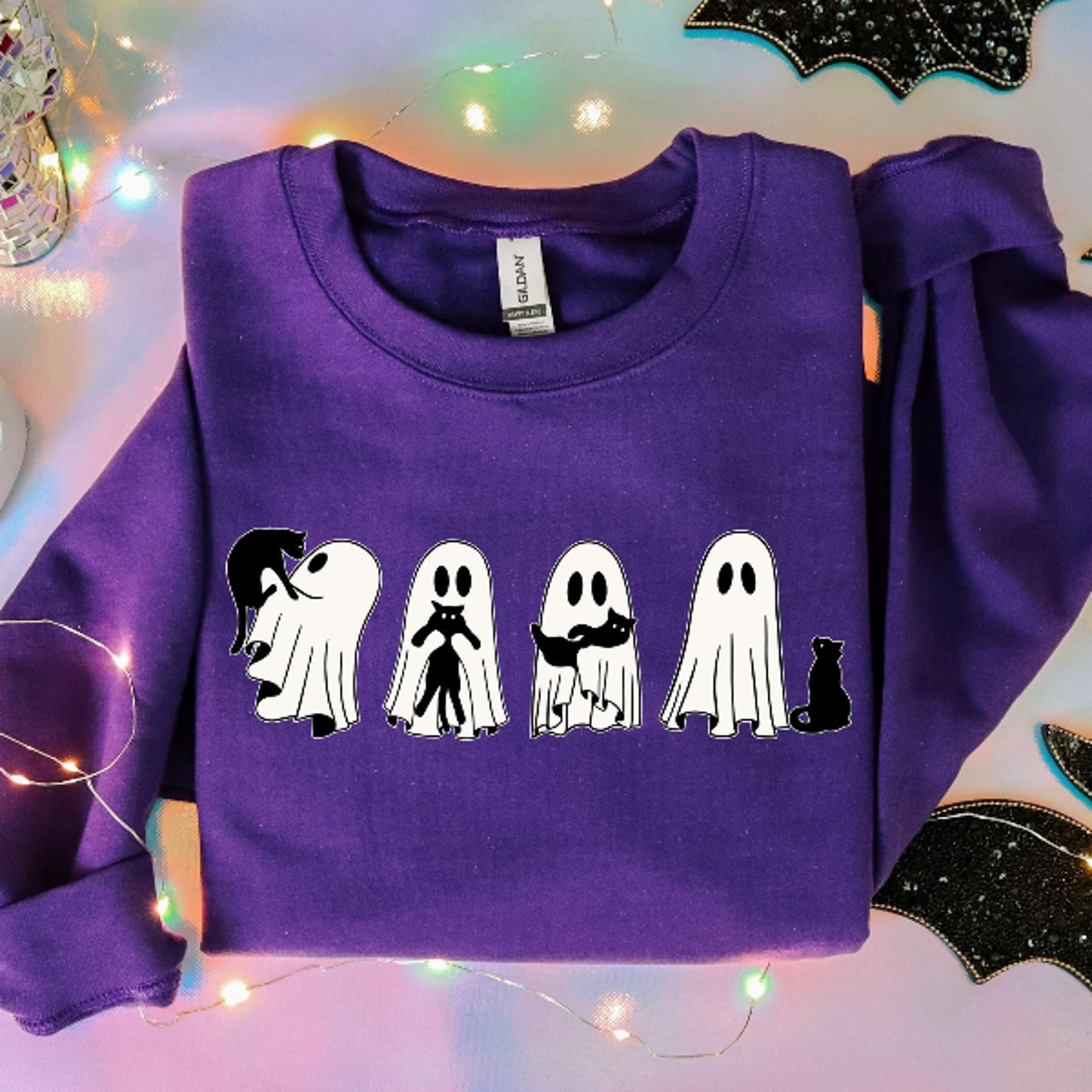 halloween black cat & ghost shirt spooky season cat comfort tee