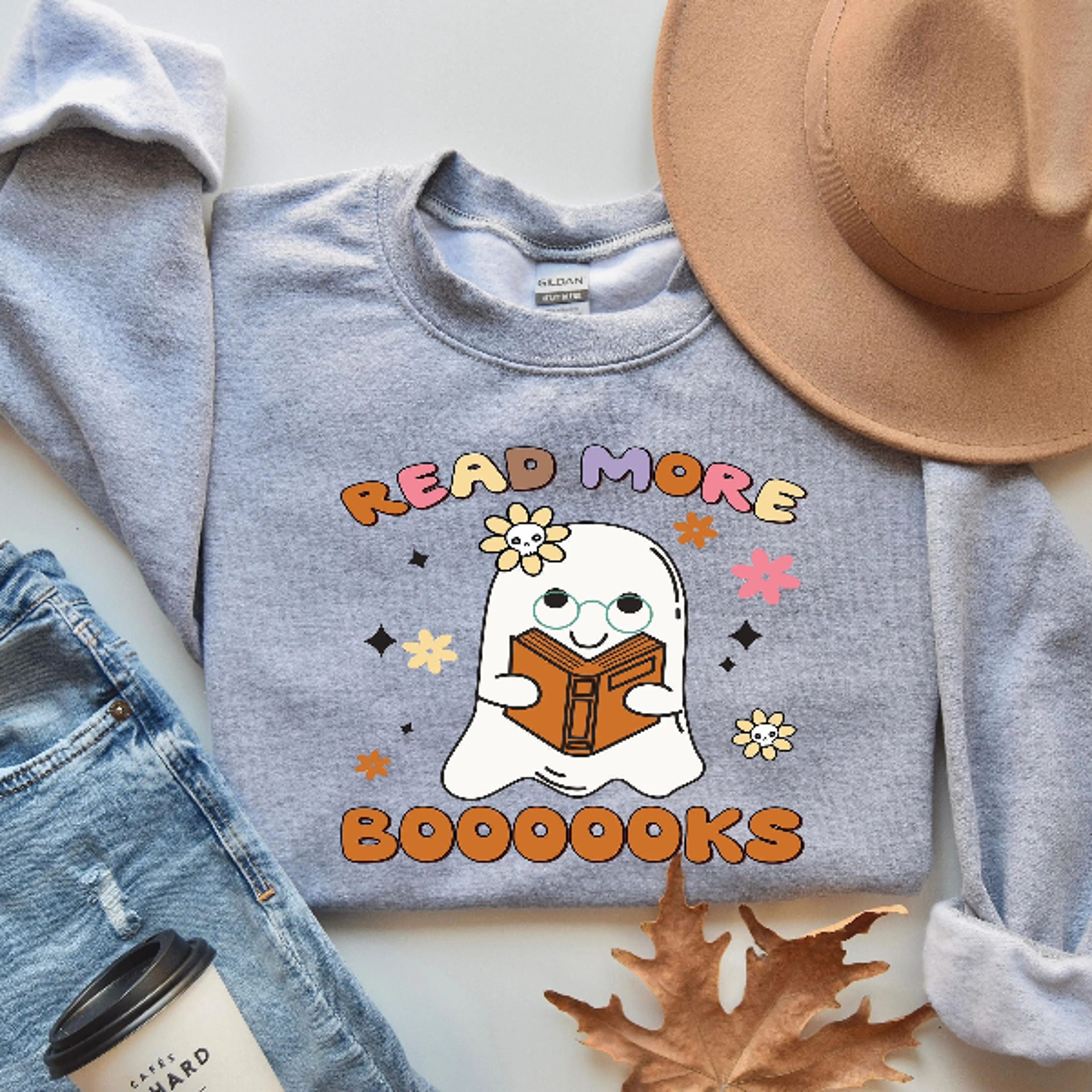 ghost reading books sweatshirt teacher halloween book lover crewneck