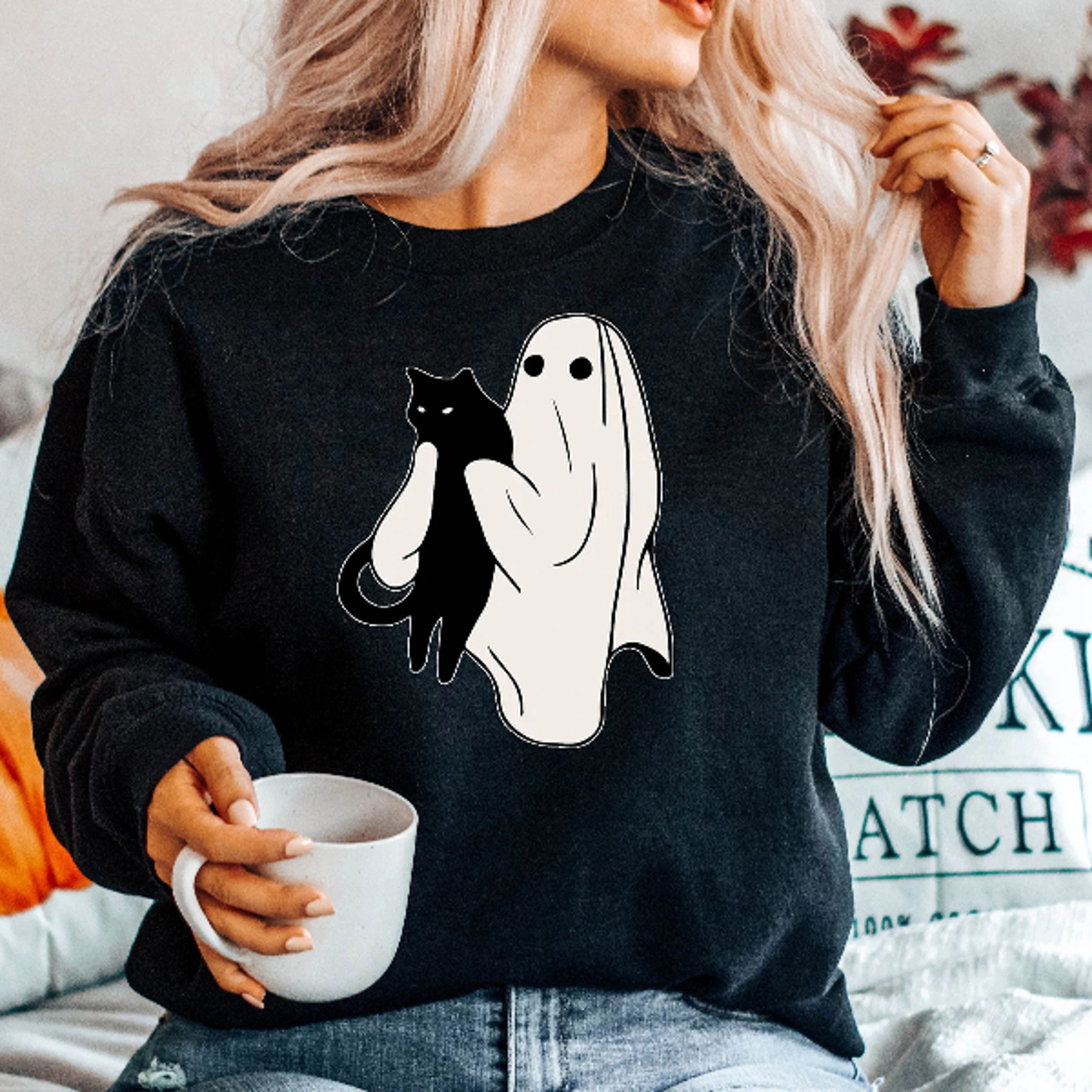 ghost holding black cat sweatshirt cute spooky season halloween crewneck