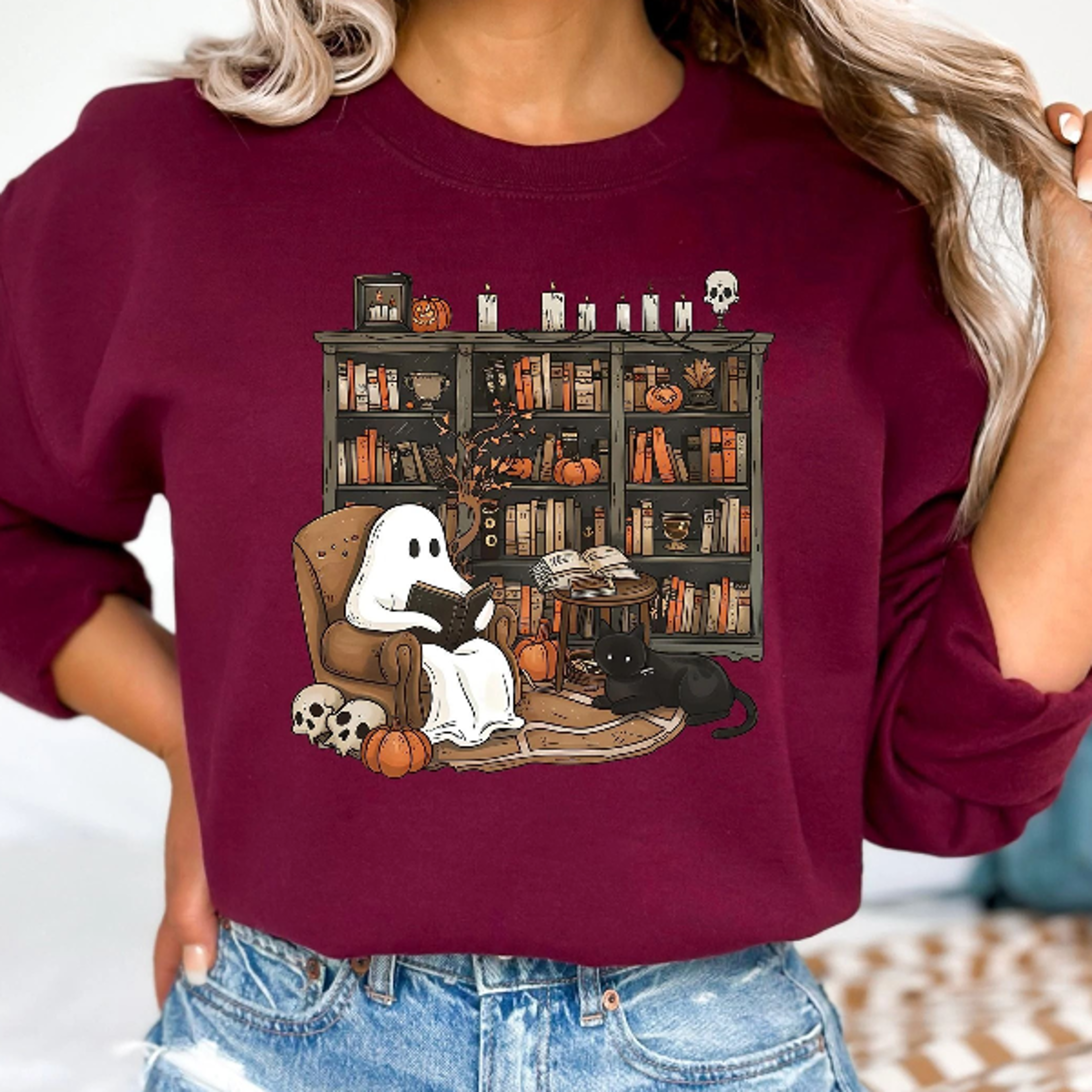 retro ghost reading books sweatshirt boo school librarian teacher halloween crewneck