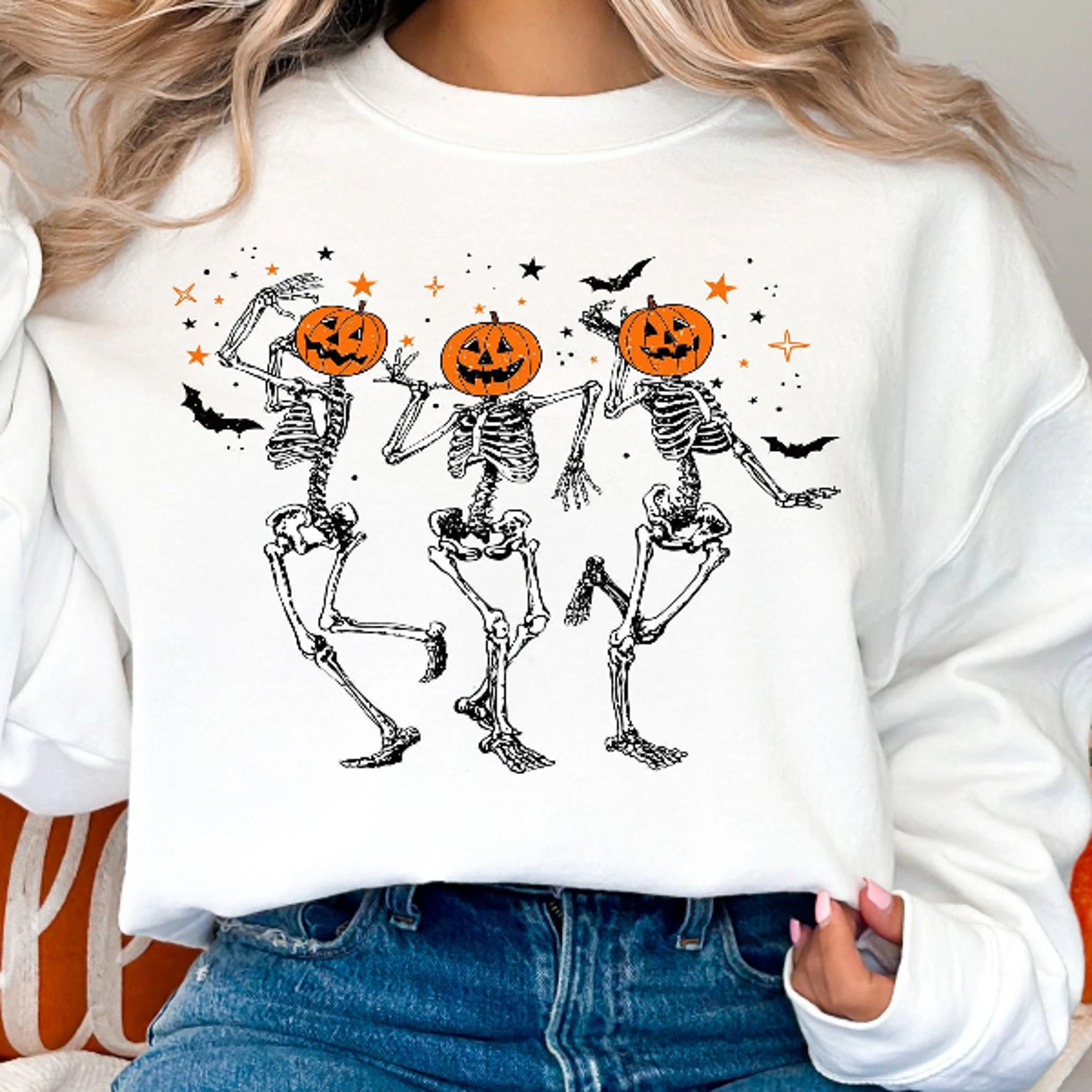 skeleton pumpkin halloween sweatshirt spooky fall season graphic tee