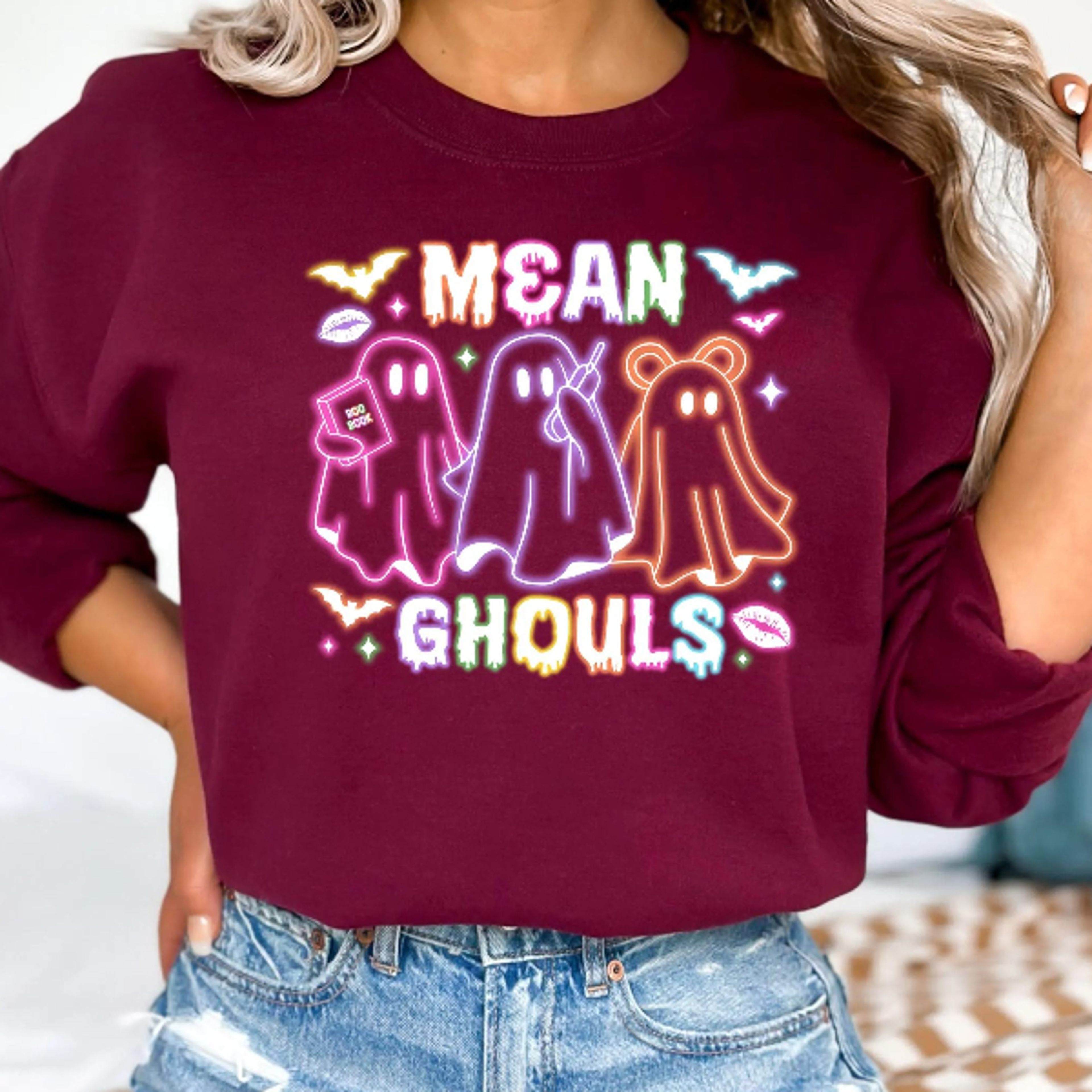 funny mean ghouls sweatshirt pink ghost spooky vibes halloween crewneck