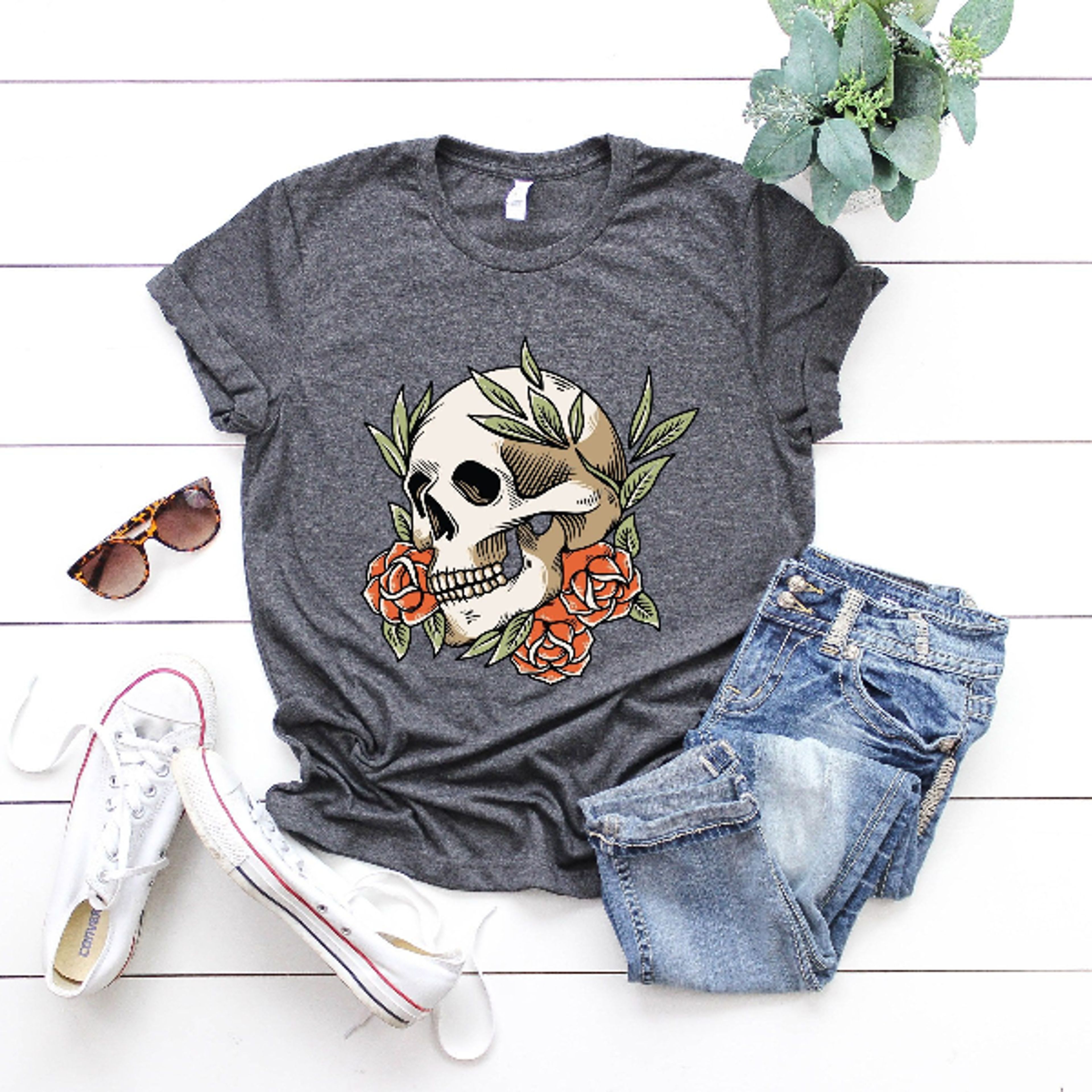 skull with flowers shirt funny halloween teacher floral skull tee