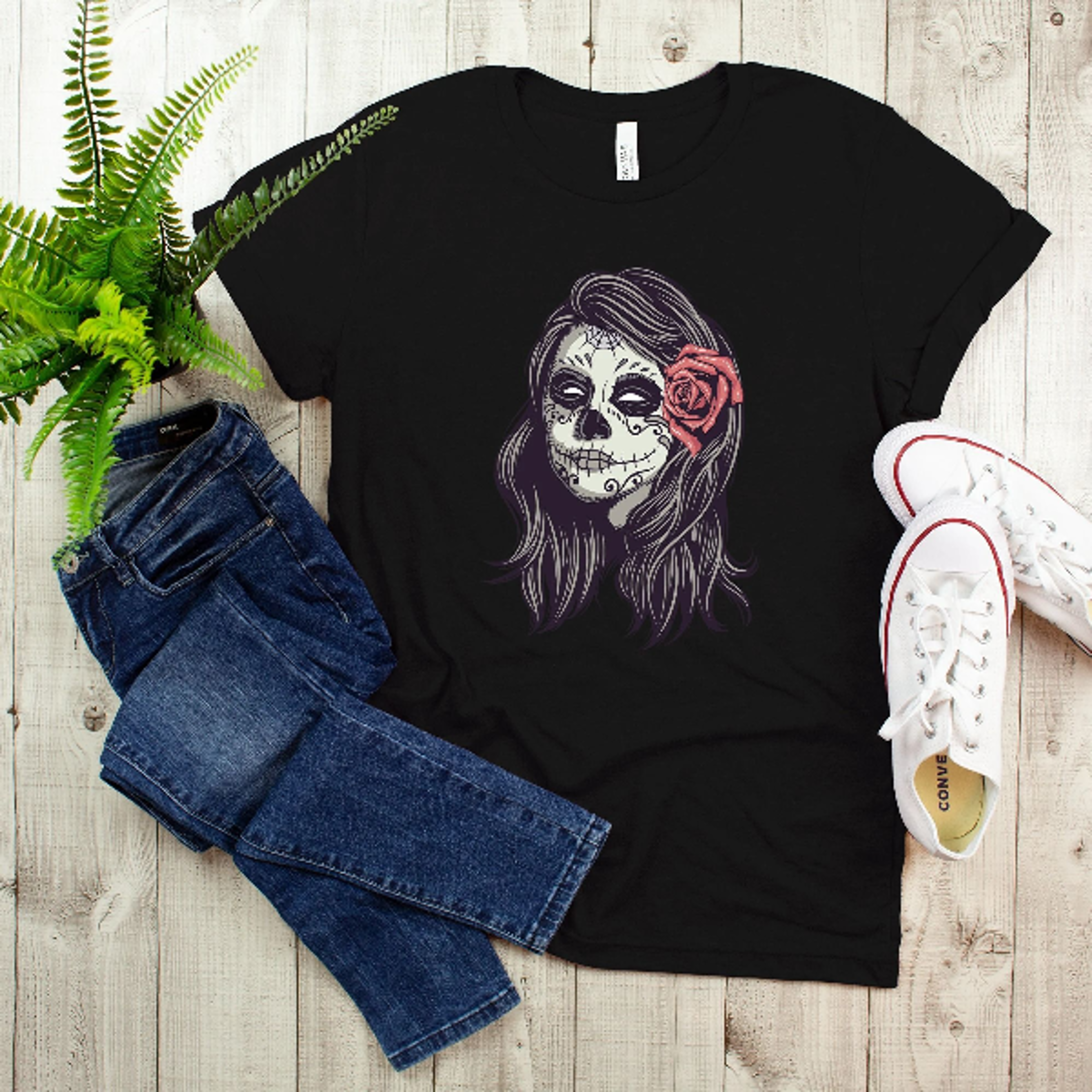 dia de los muertos shirt sugar skull girl rose day of the dead tee