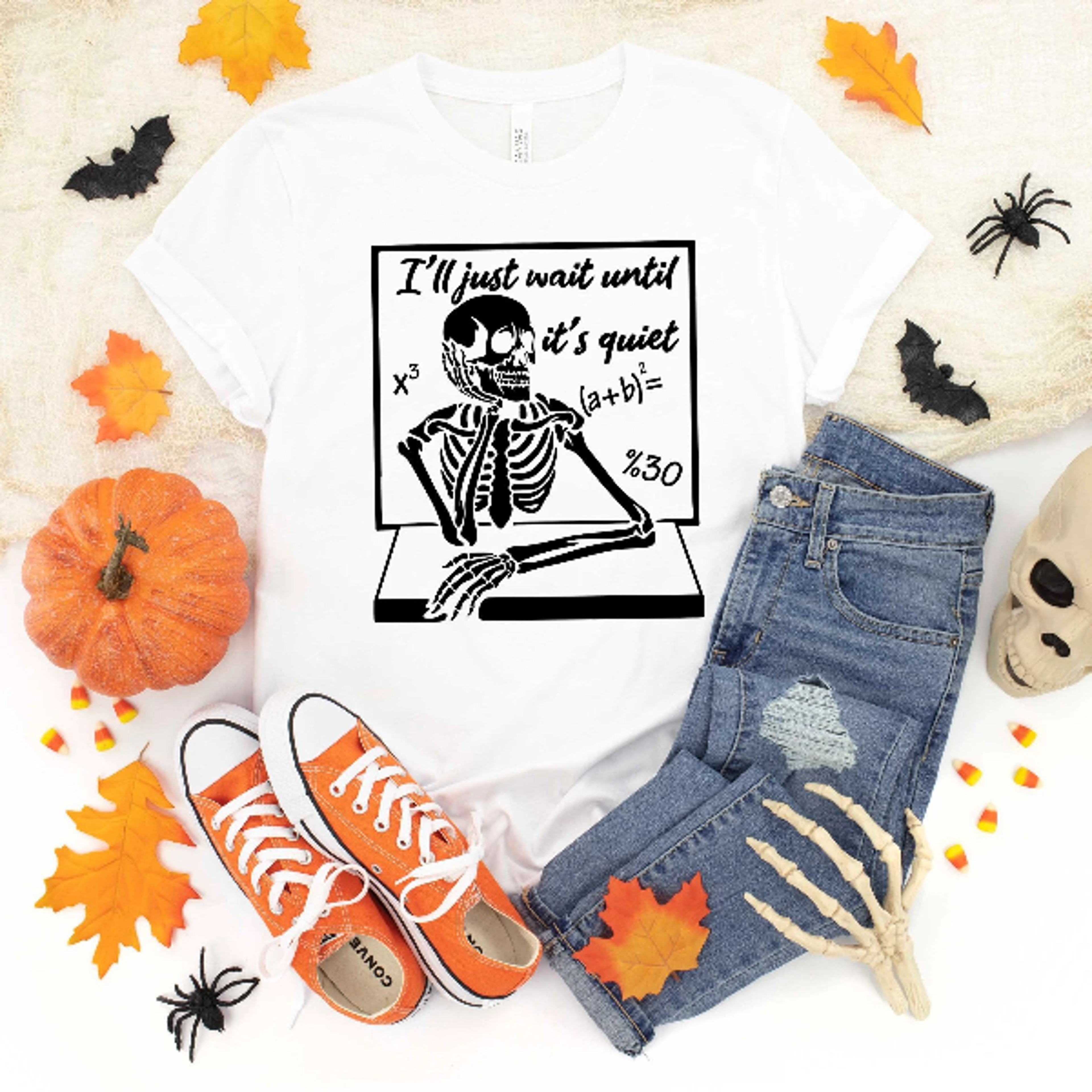 funny halloween teacher shirt skeleton waiting for quiet tee