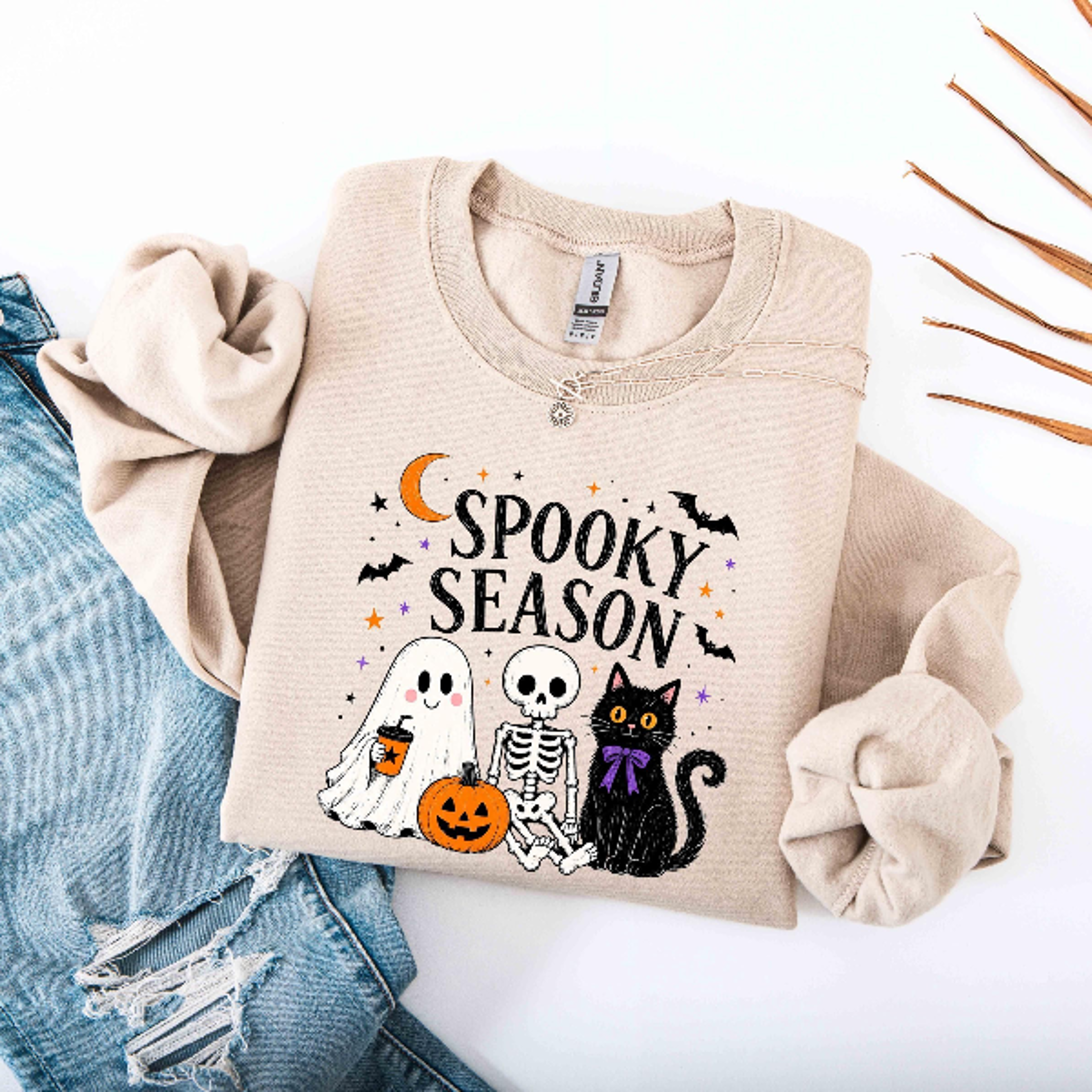 spooky season sweatshirt ghost skeleton cat halloween crewneck