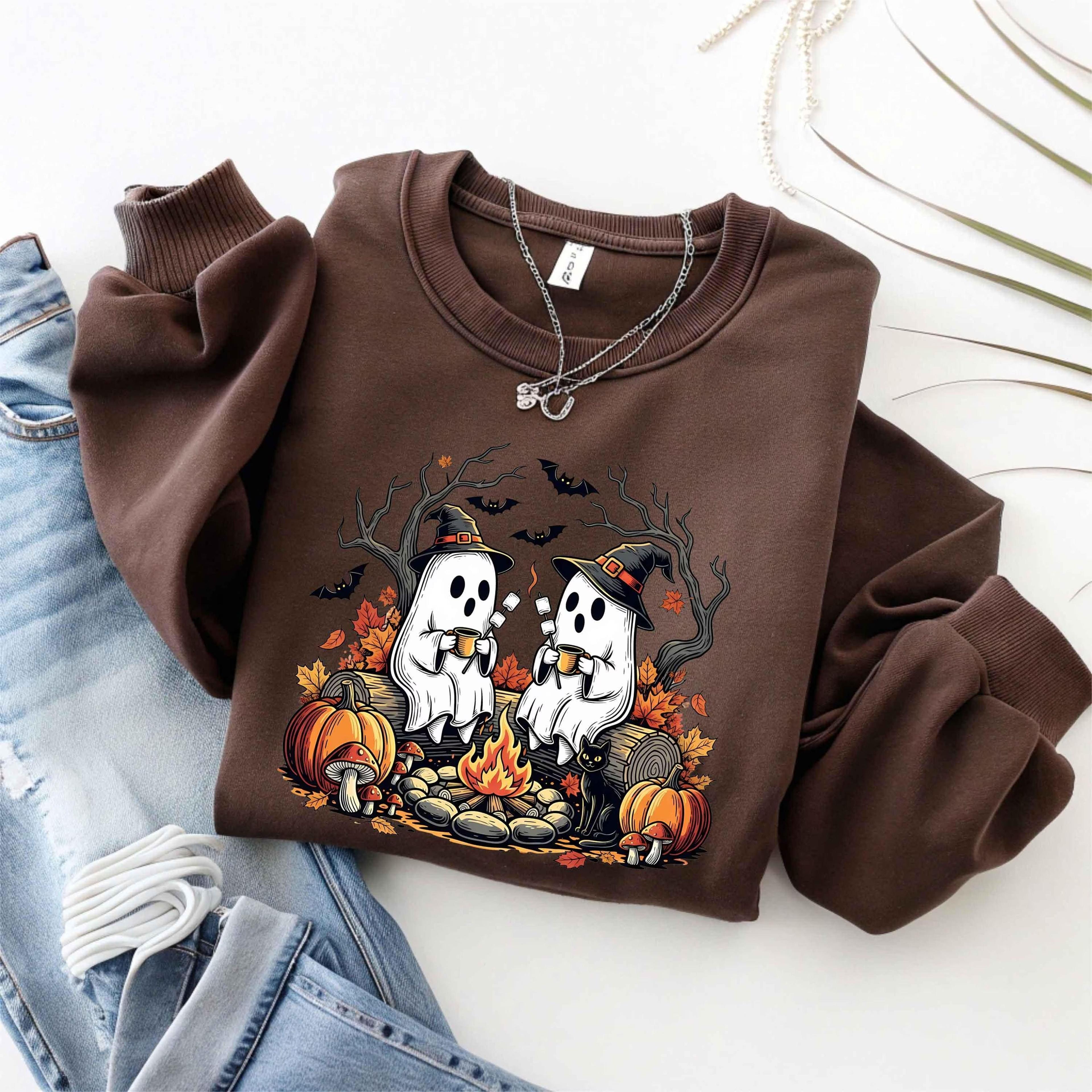 Cute Ghost Camping Sweatshirt Spooky Campfire Halloween Crewneck 3