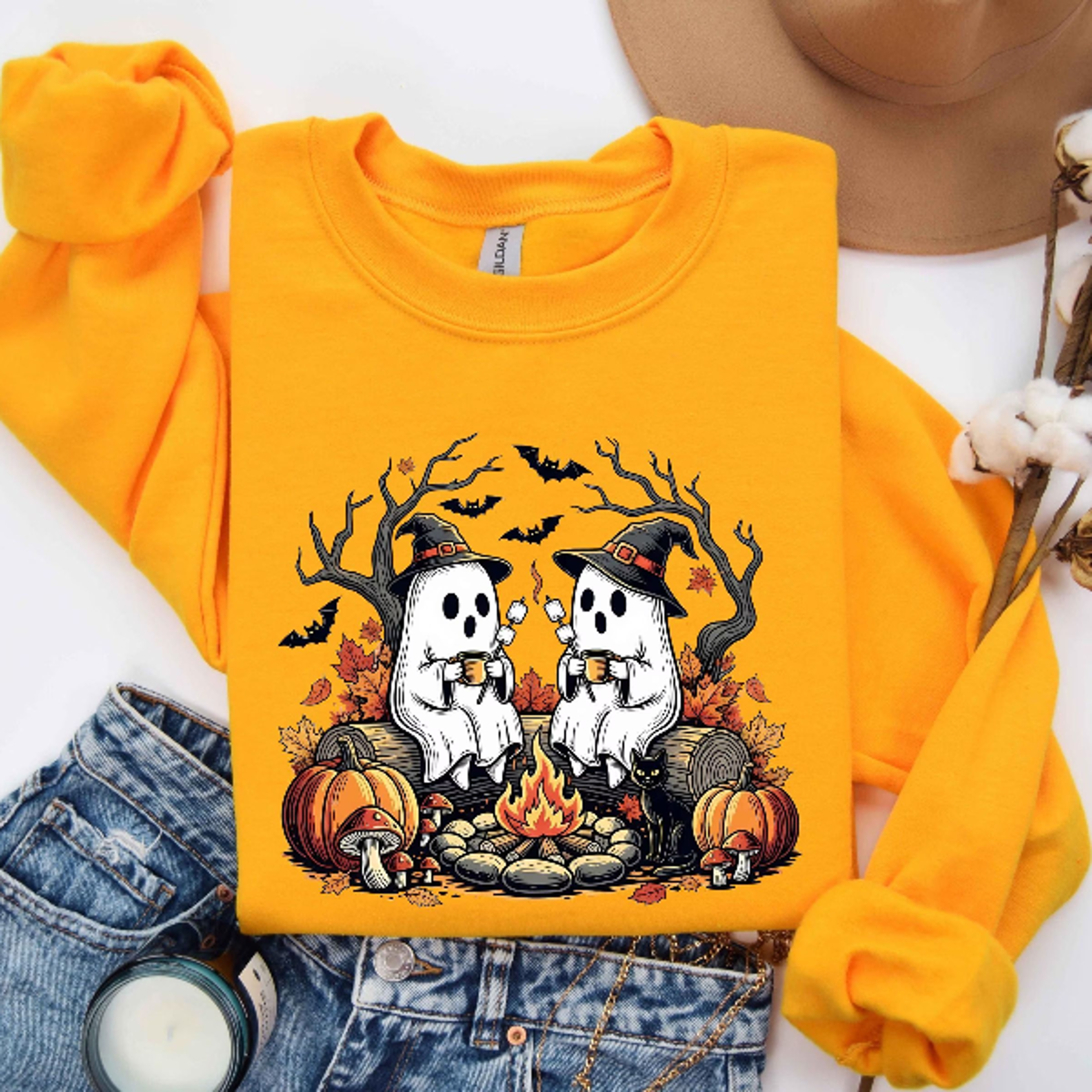 cute ghost camping sweatshirt spooky campfire halloween crewneck