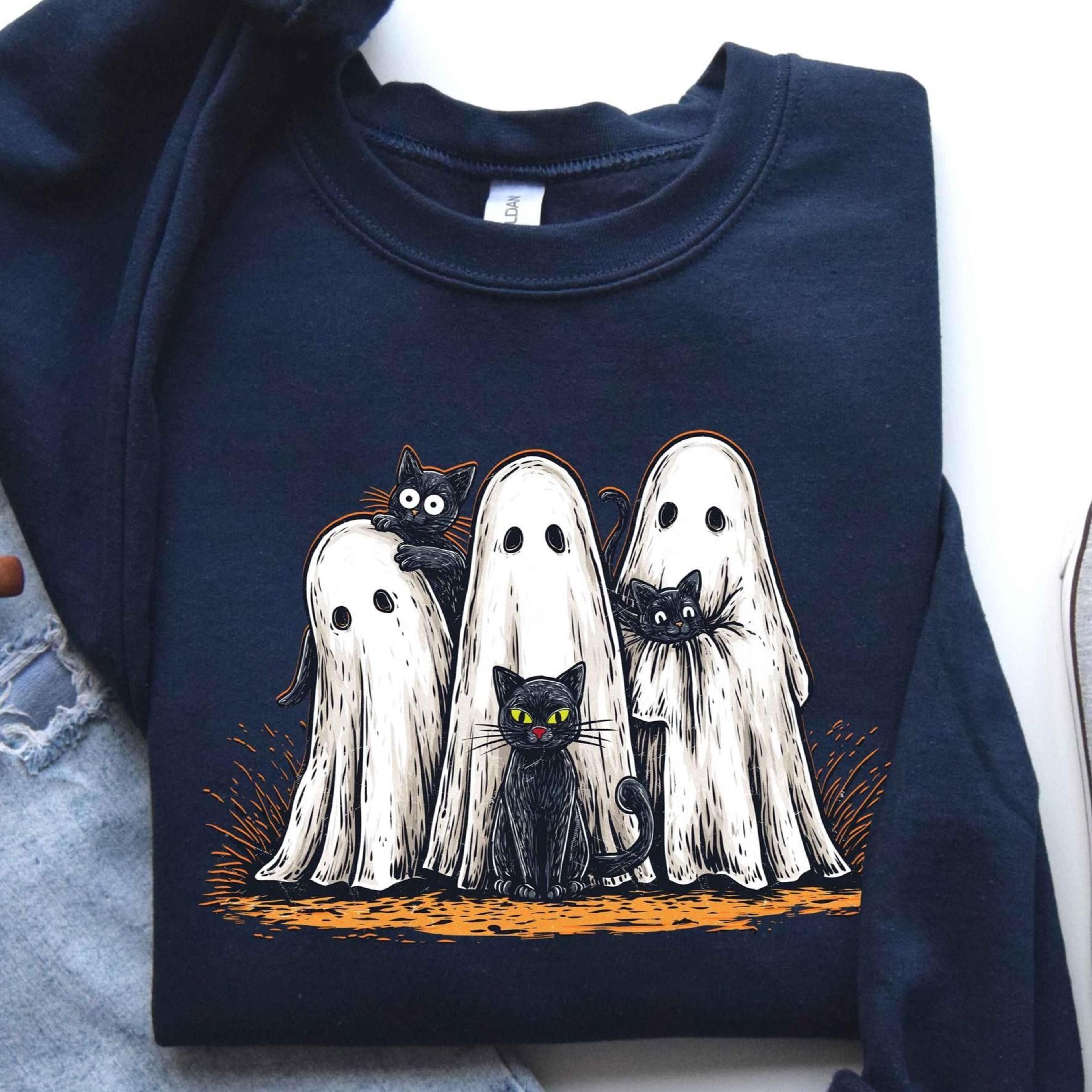 Ghost Black Cats Sweatshirt Cute Spooky Cat Halloween Crewneck 3