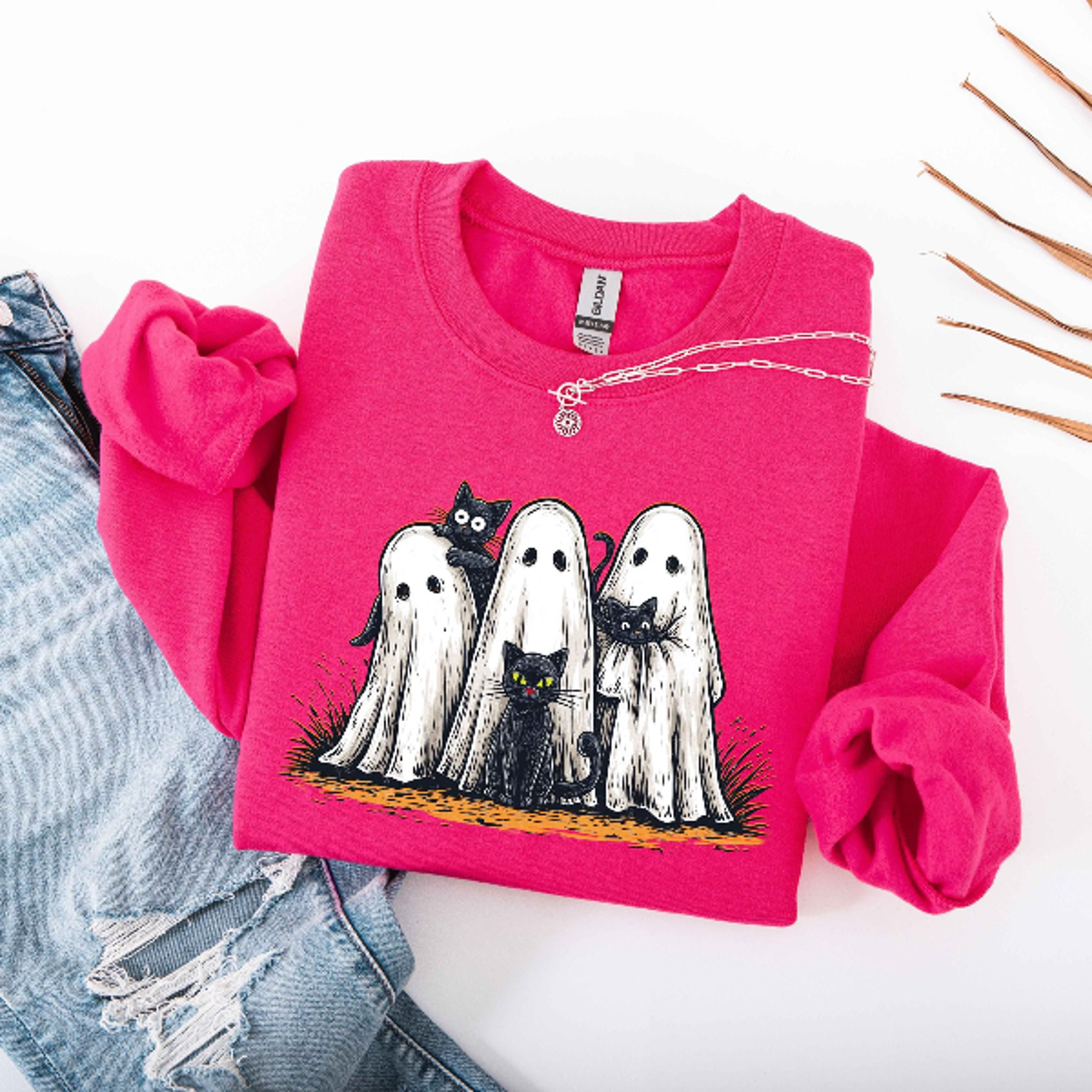 Ghost Black Cats Sweatshirt Cute Spooky Cat Halloween Crewneck 2