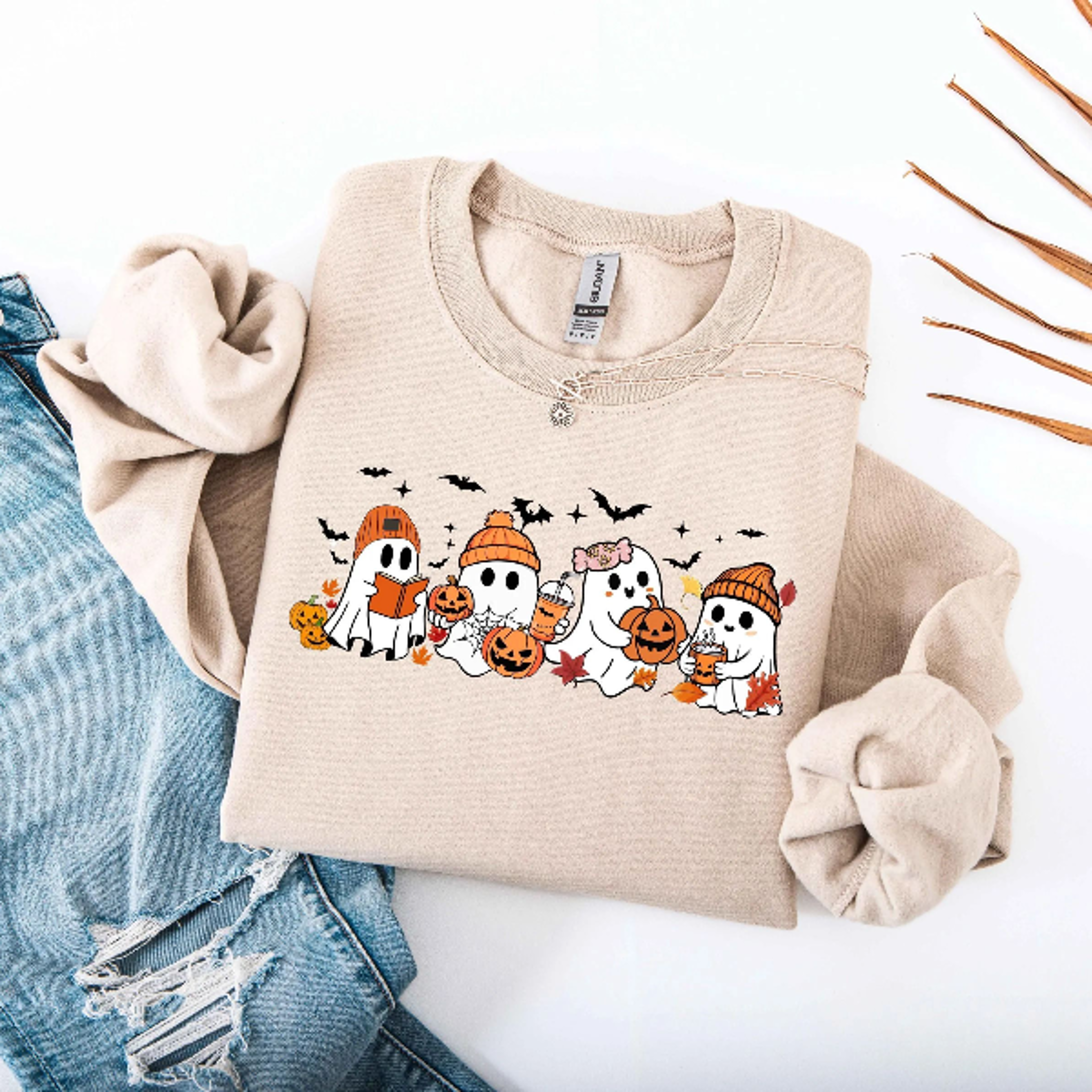 Ghost Sweatshirt Cute Fall Halloween Crewneck Spooky Season Hoodie 0