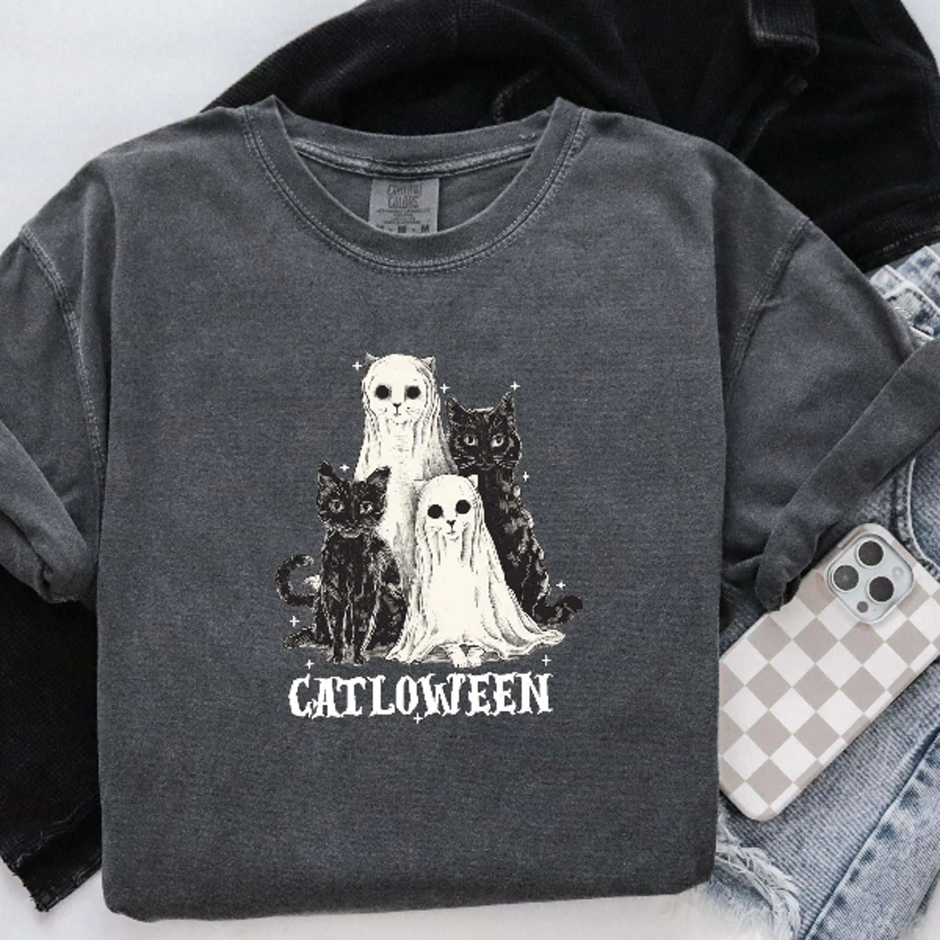 Halloween Black Cat Ghost Shirt Comfort Colors Spooky Season Tee 4