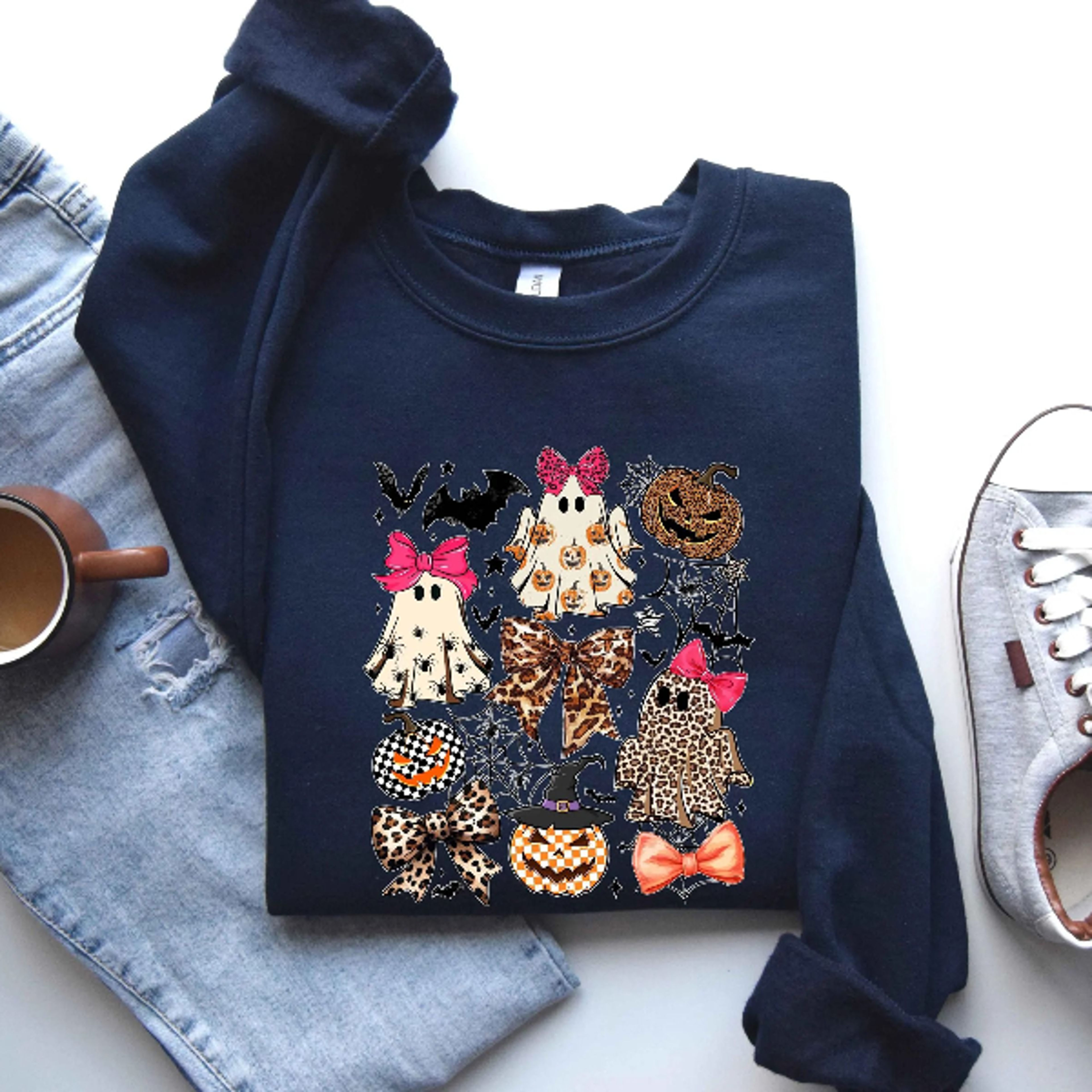 Halloween Ghost Sweatshirt Cute Ribbon Spooky Season Hoodie Tee 0