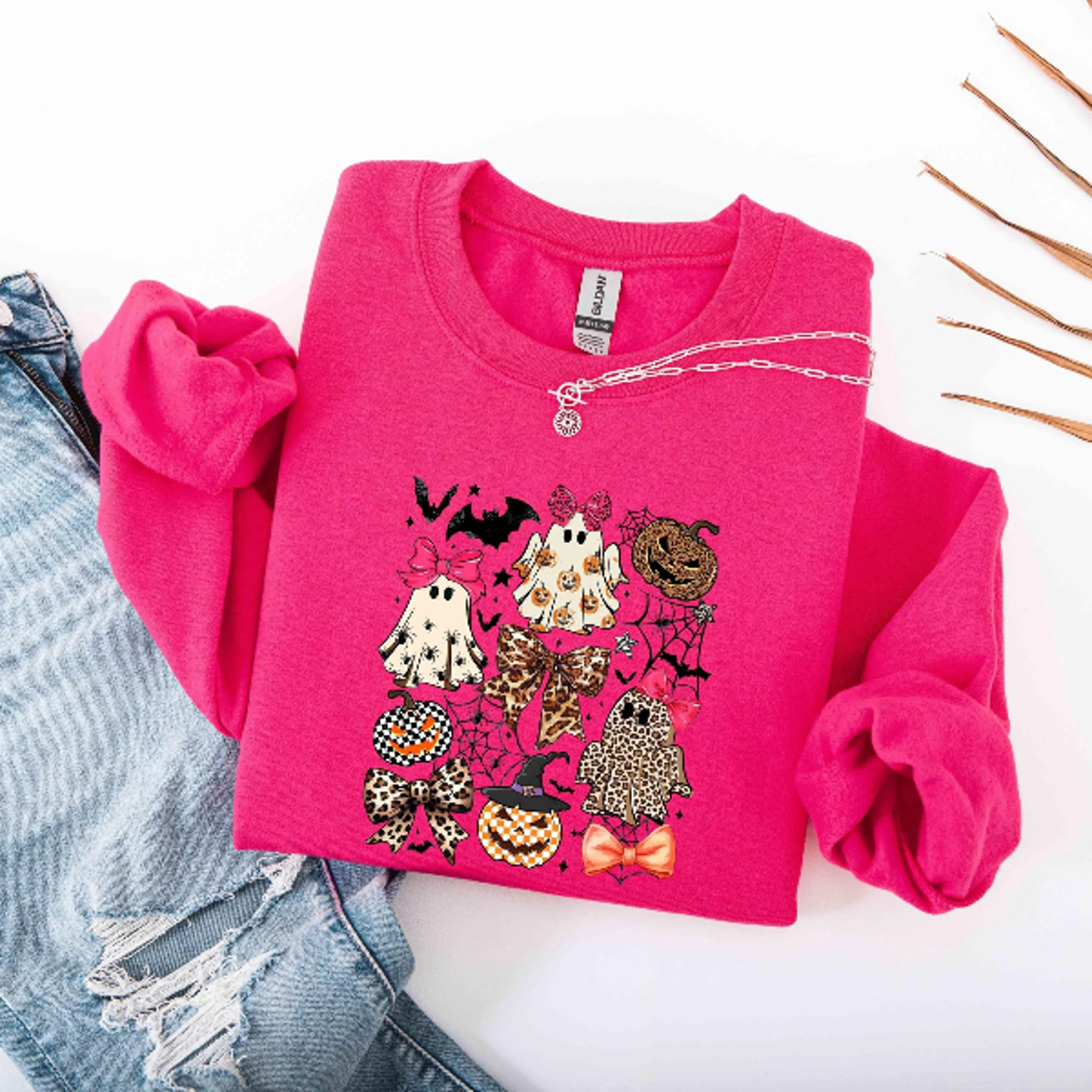 Halloween Ghost Sweatshirt Cute Ribbon Spooky Season Hoodie Tee 2
