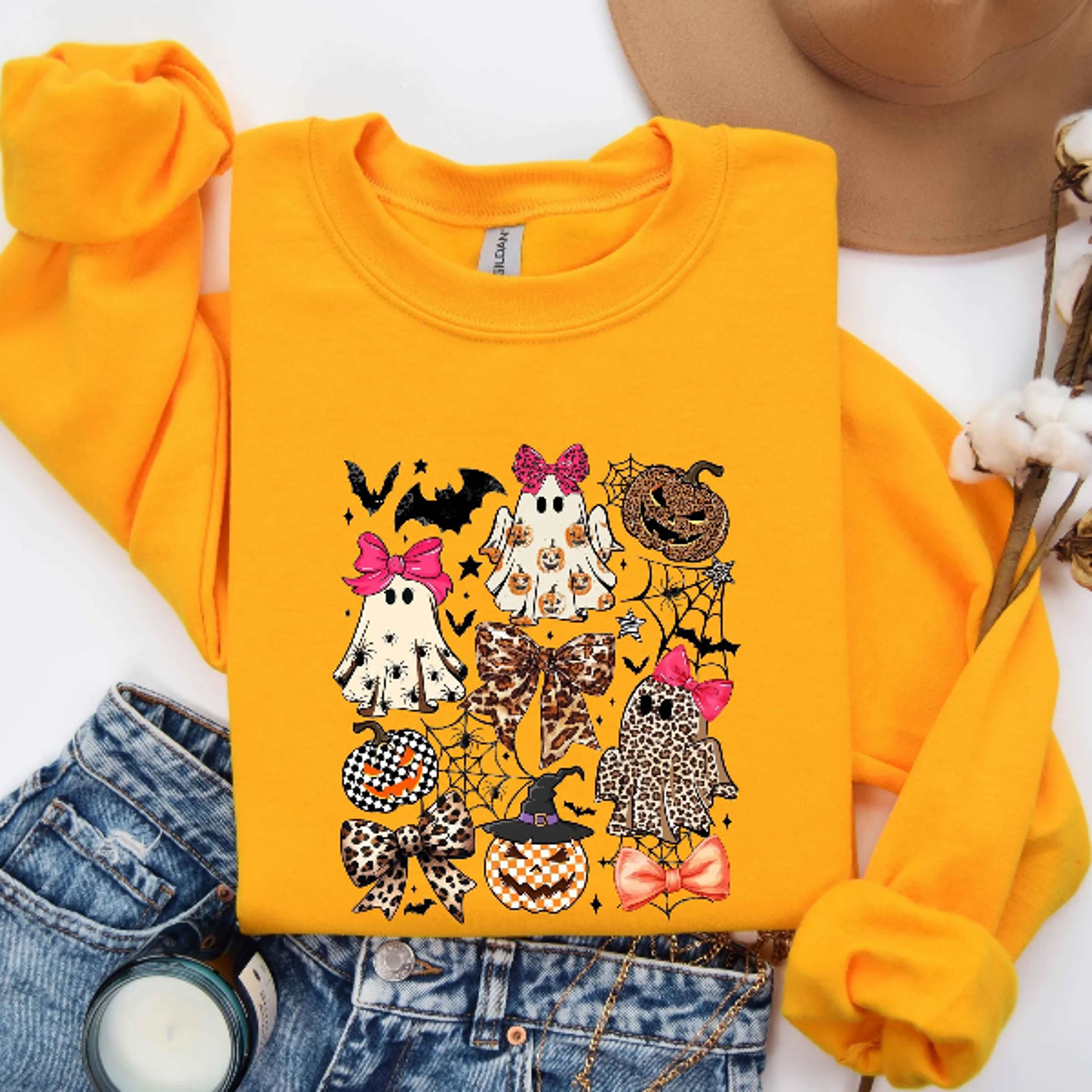 Halloween Ghost Sweatshirt Cute Ribbon Spooky Season Hoodie Tee 4
