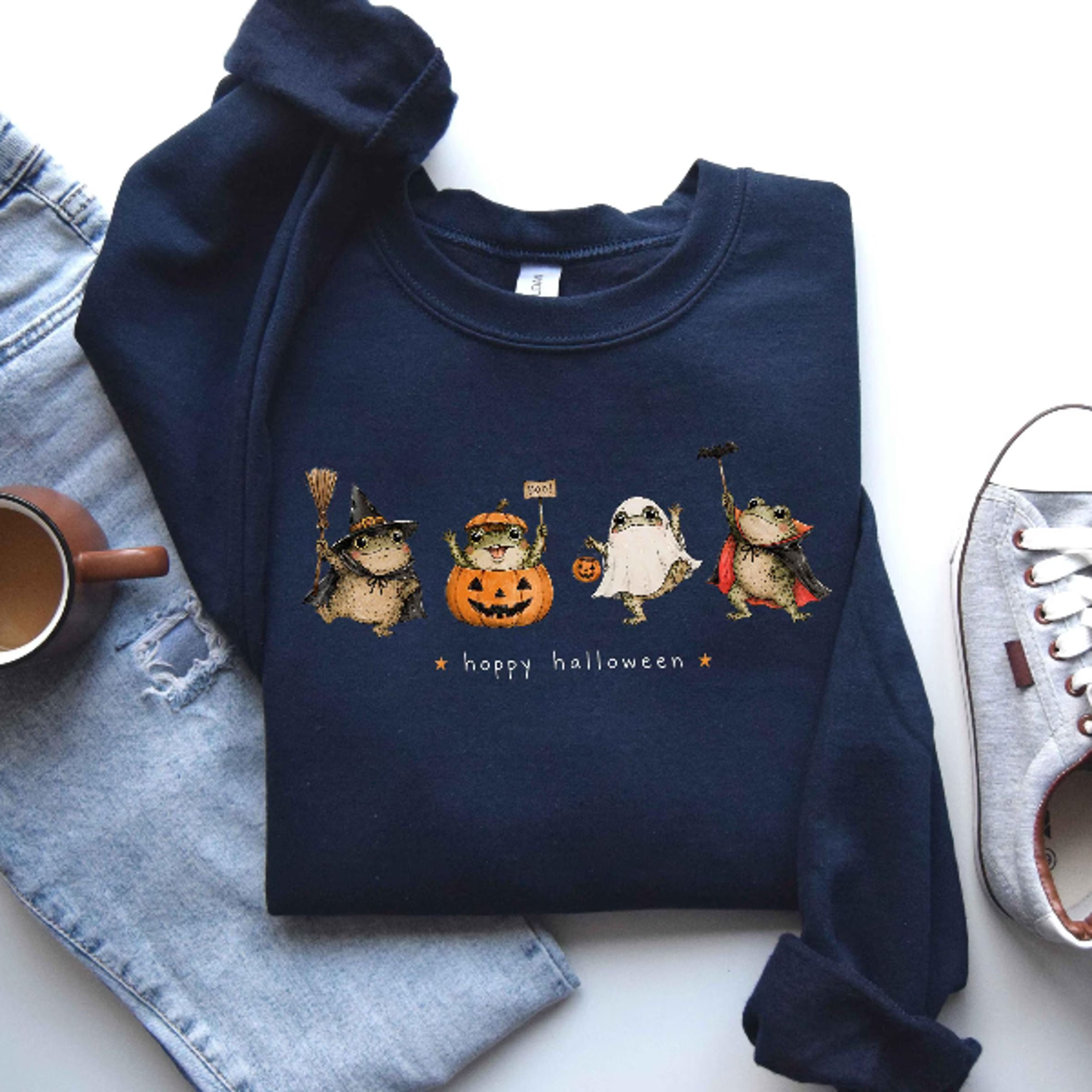 Happy Halloween Frog Sweatshirt Cute Ghost Pumpkin Witch Crewneck 1