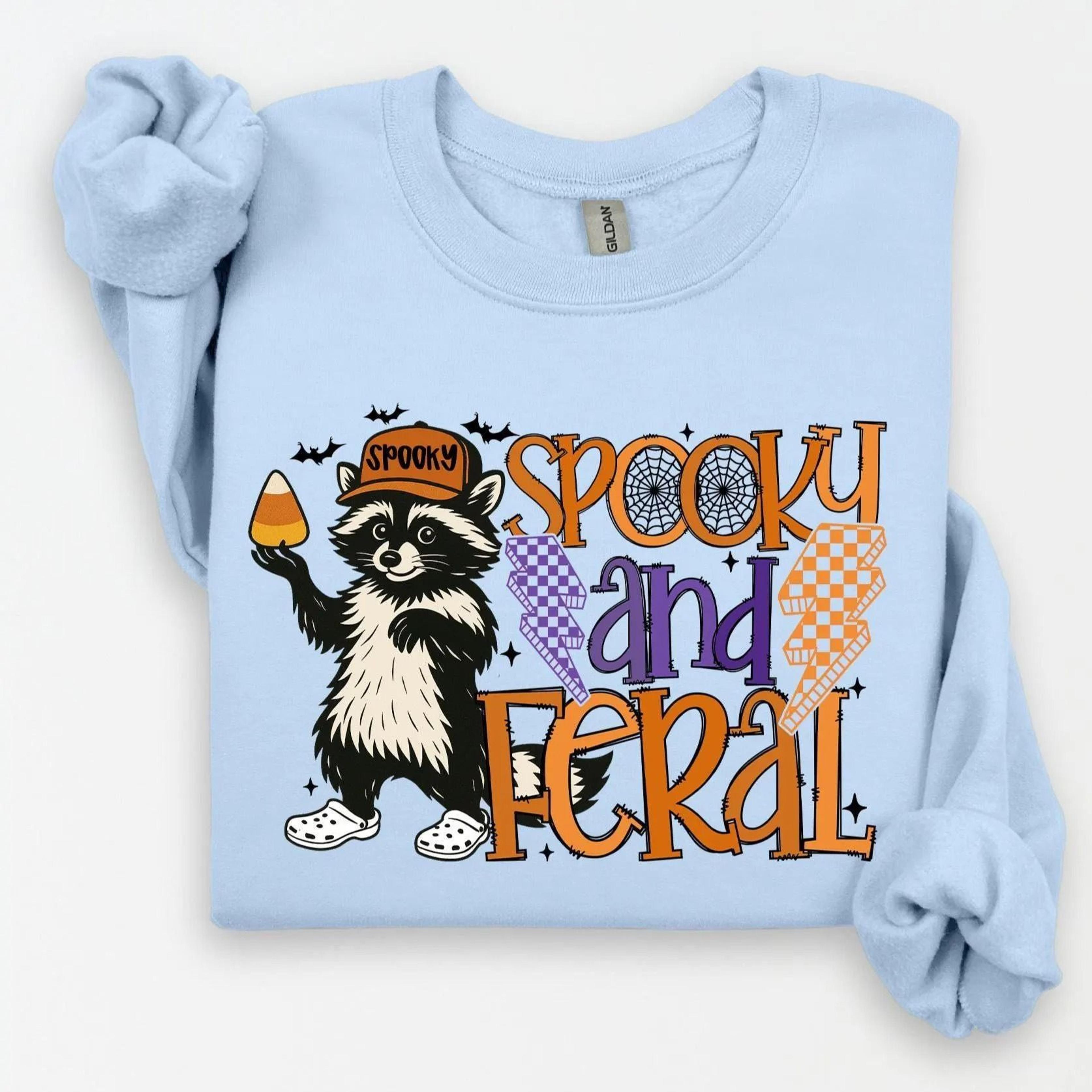 Spooky And Feral Raccoon Sweatshirt Funny Halloween Girl Crewneck 2