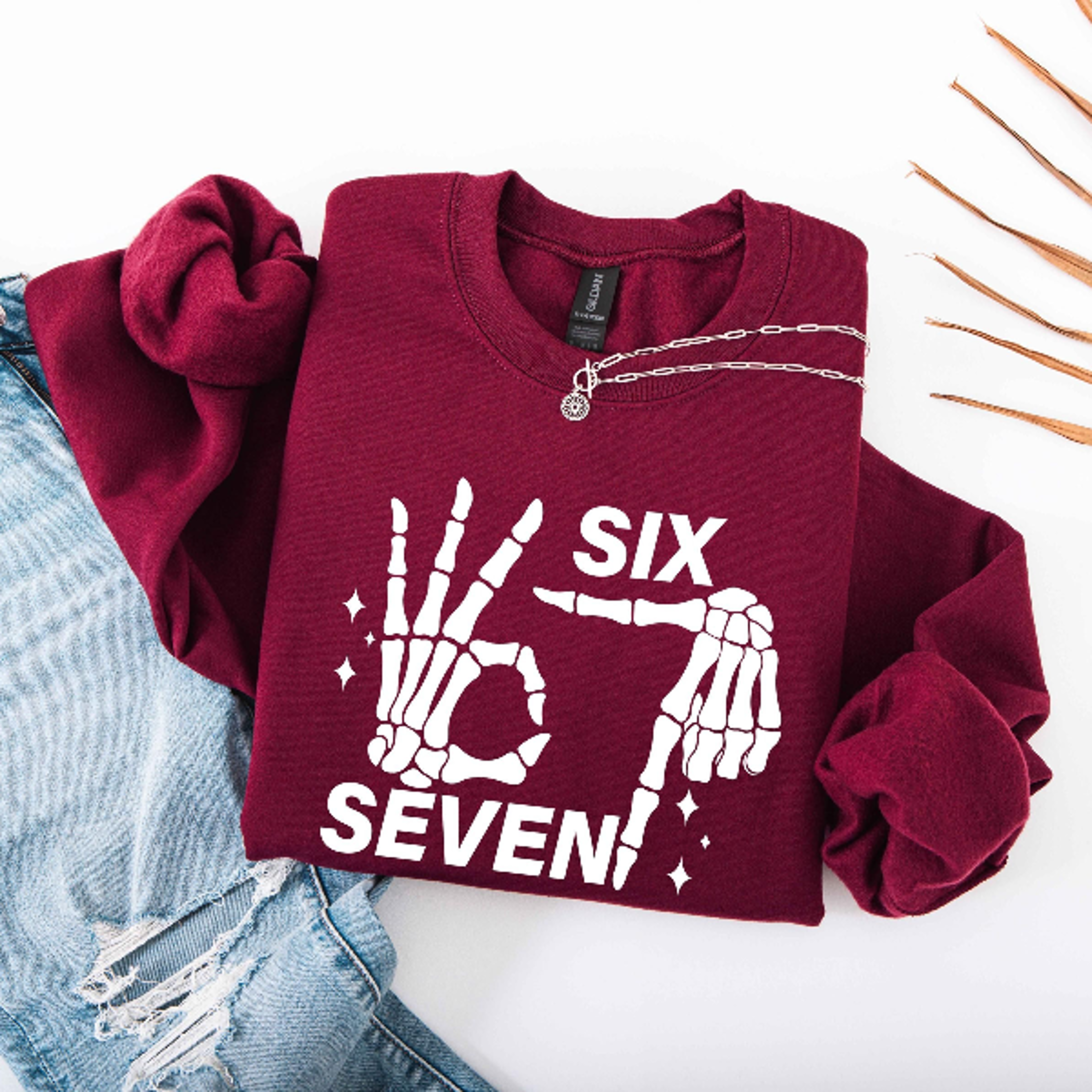 6 7 Meme Sweatshirt Funny Skeleton Hands Couples Halloween Tee 1
