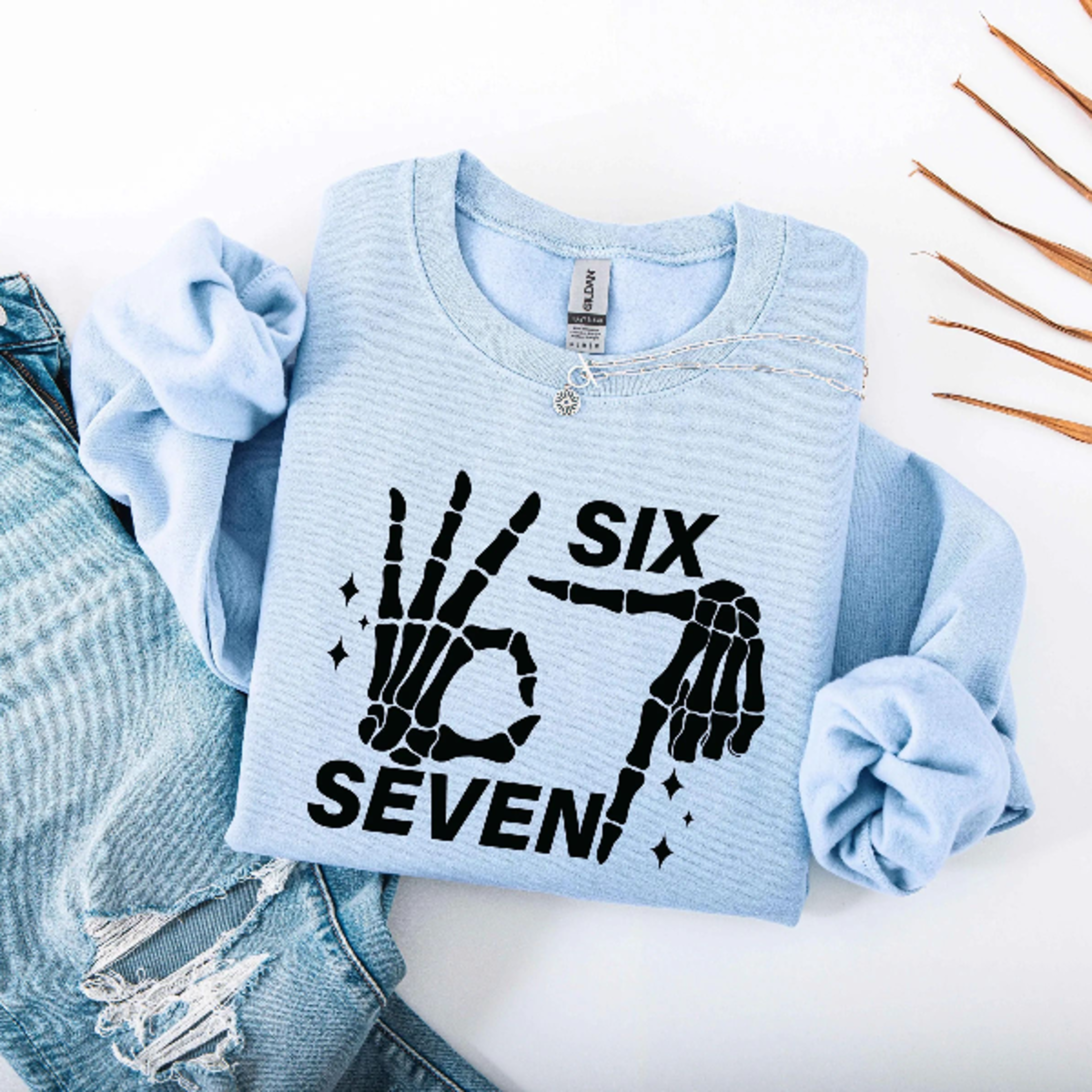 6 7 Meme Sweatshirt Funny Skeleton Hands Couples Halloween Tee 3