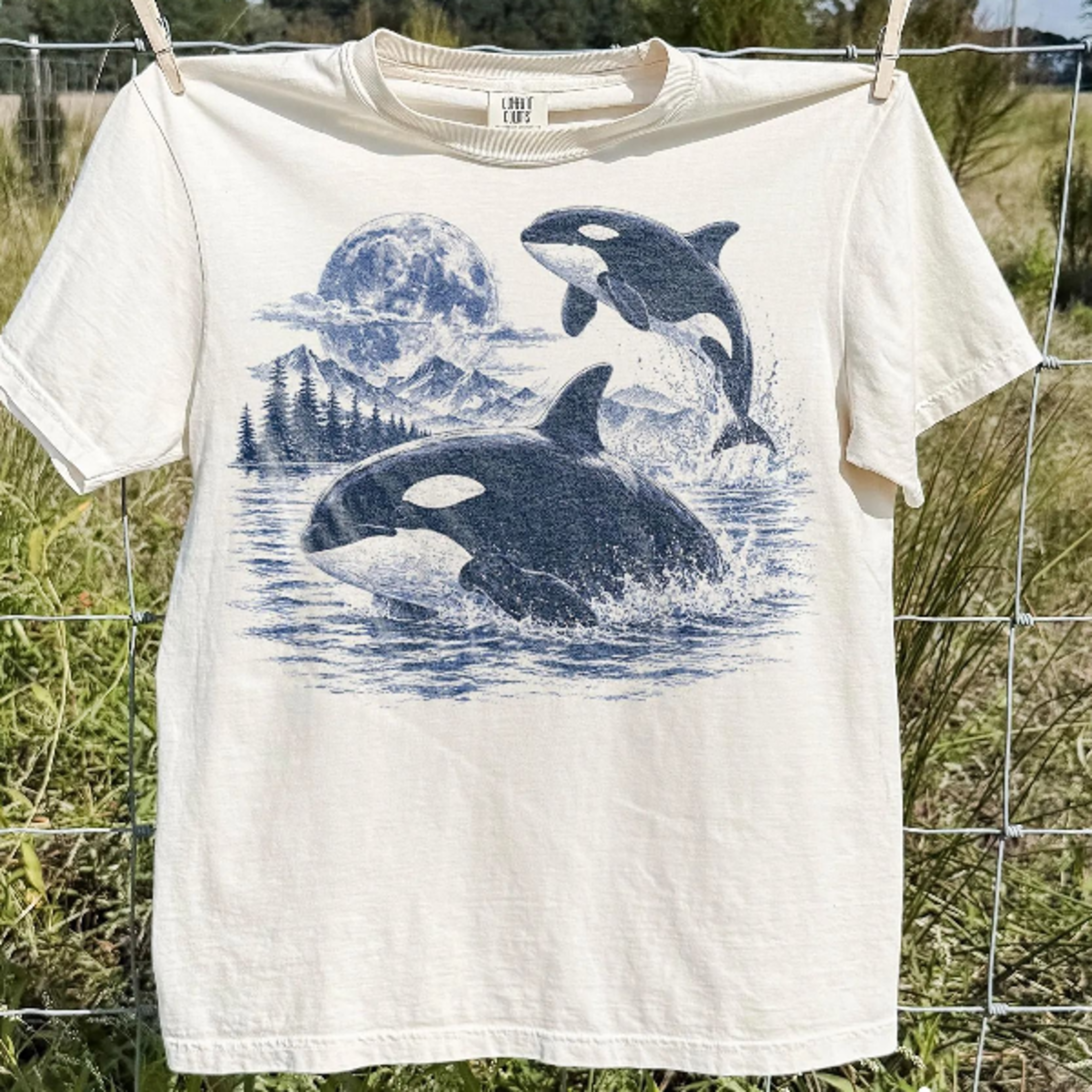 old school orca graphic tee gift, moonlit ocean animal shirt, retro coastal nature style top,