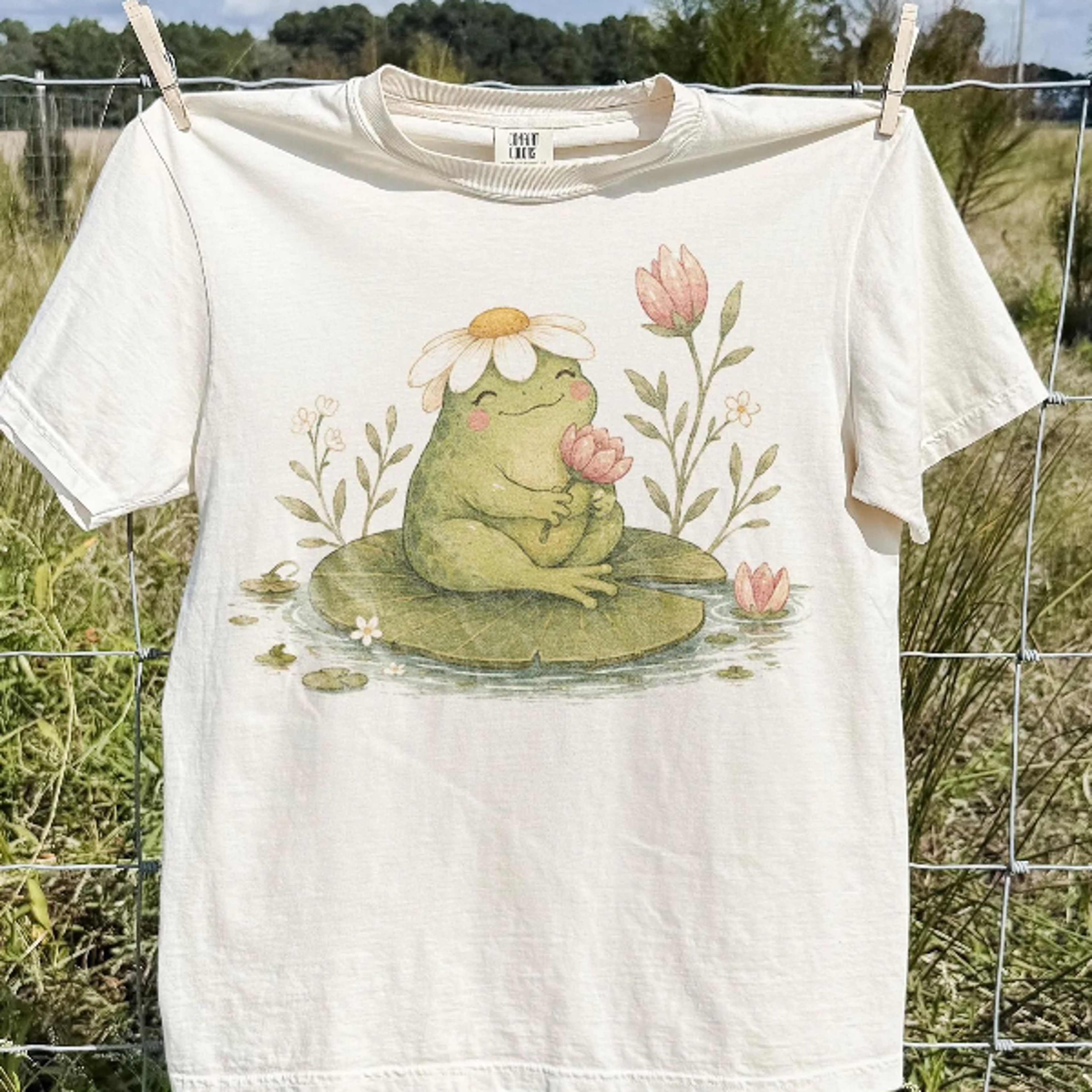 vintage happy frog graphic tee, lily pad pond nature shirt, cozy cottagecore retro style top