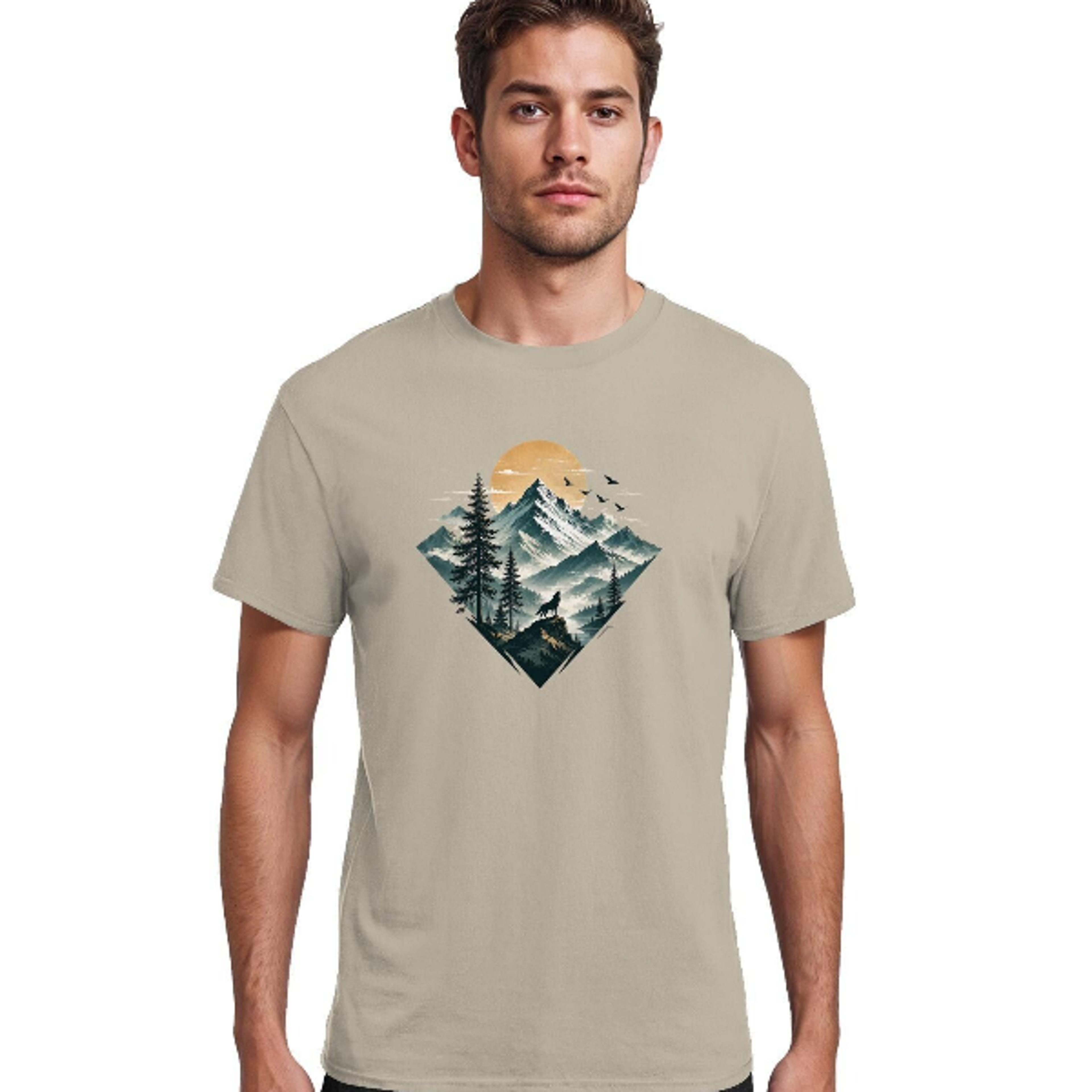 Mens Tshirt With Wolf And Mountain Graphic Nature Motif Heavy Cotton Tee For Outdoor 1