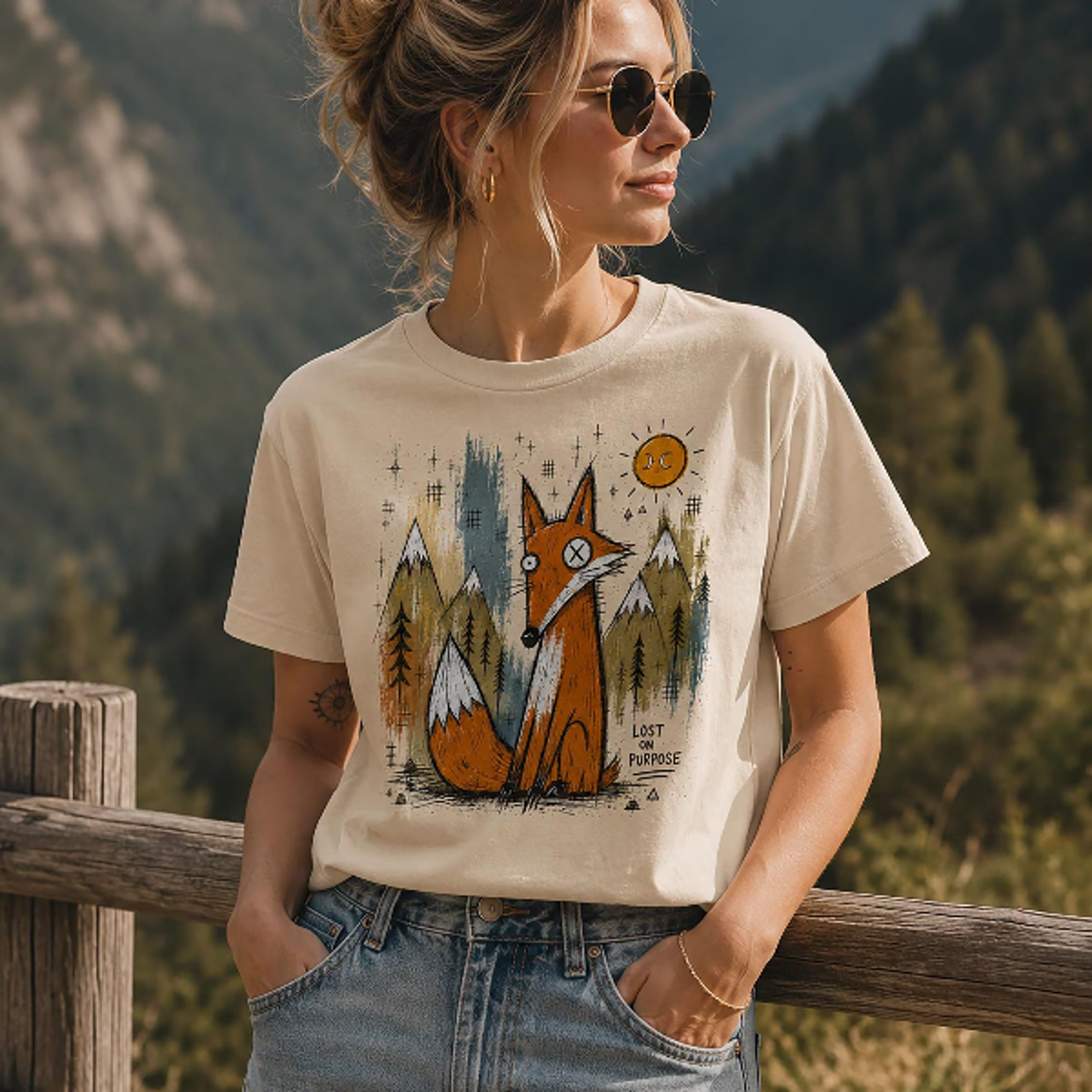 women's t-shirt with fox print, white boxy crop tee, organic cotton, abstract grunge mountain shirt,
