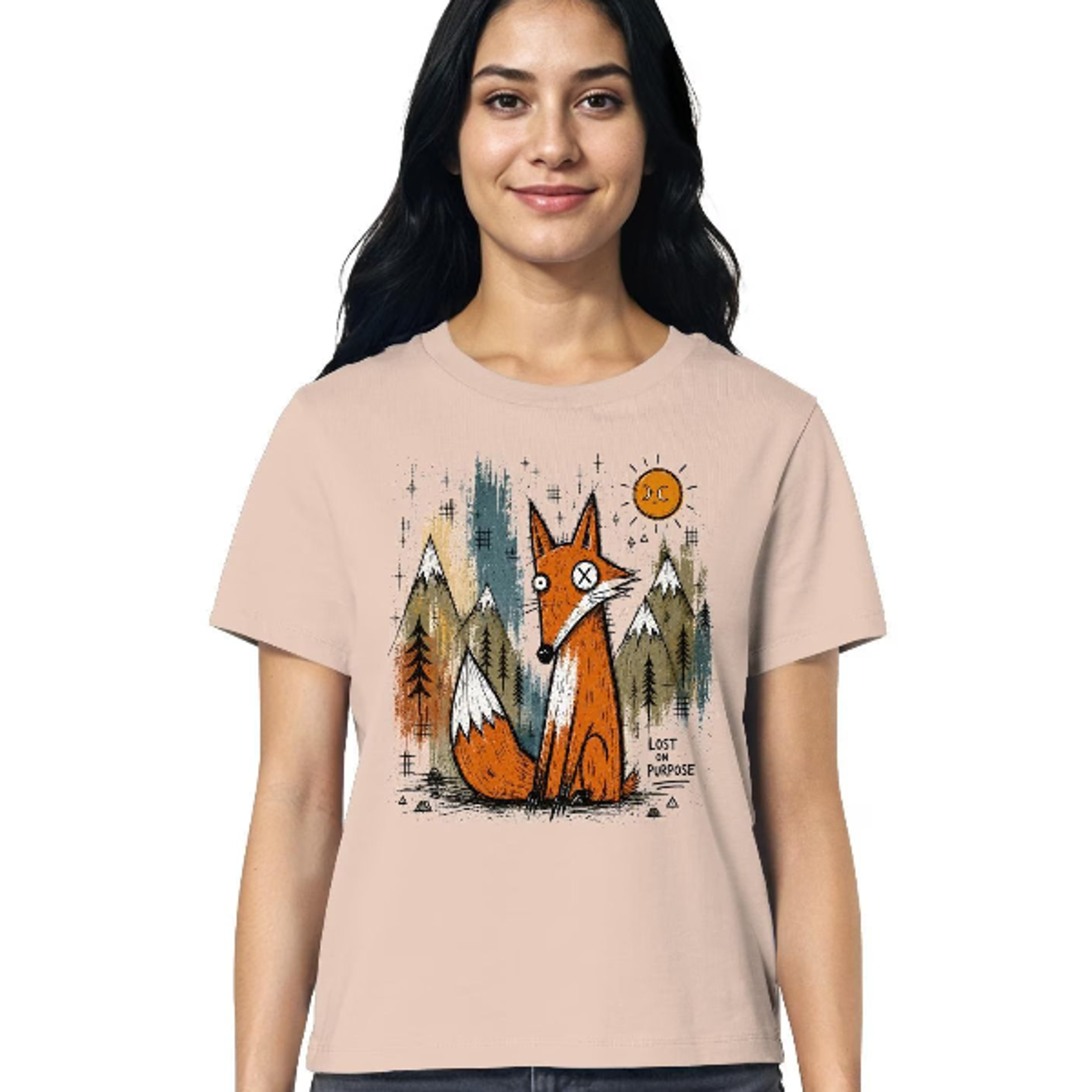 Womens Tshirt With Fox Print White Boxy Crop Tee Organic Cotton Abstract Grunge Mountain Shirt 1