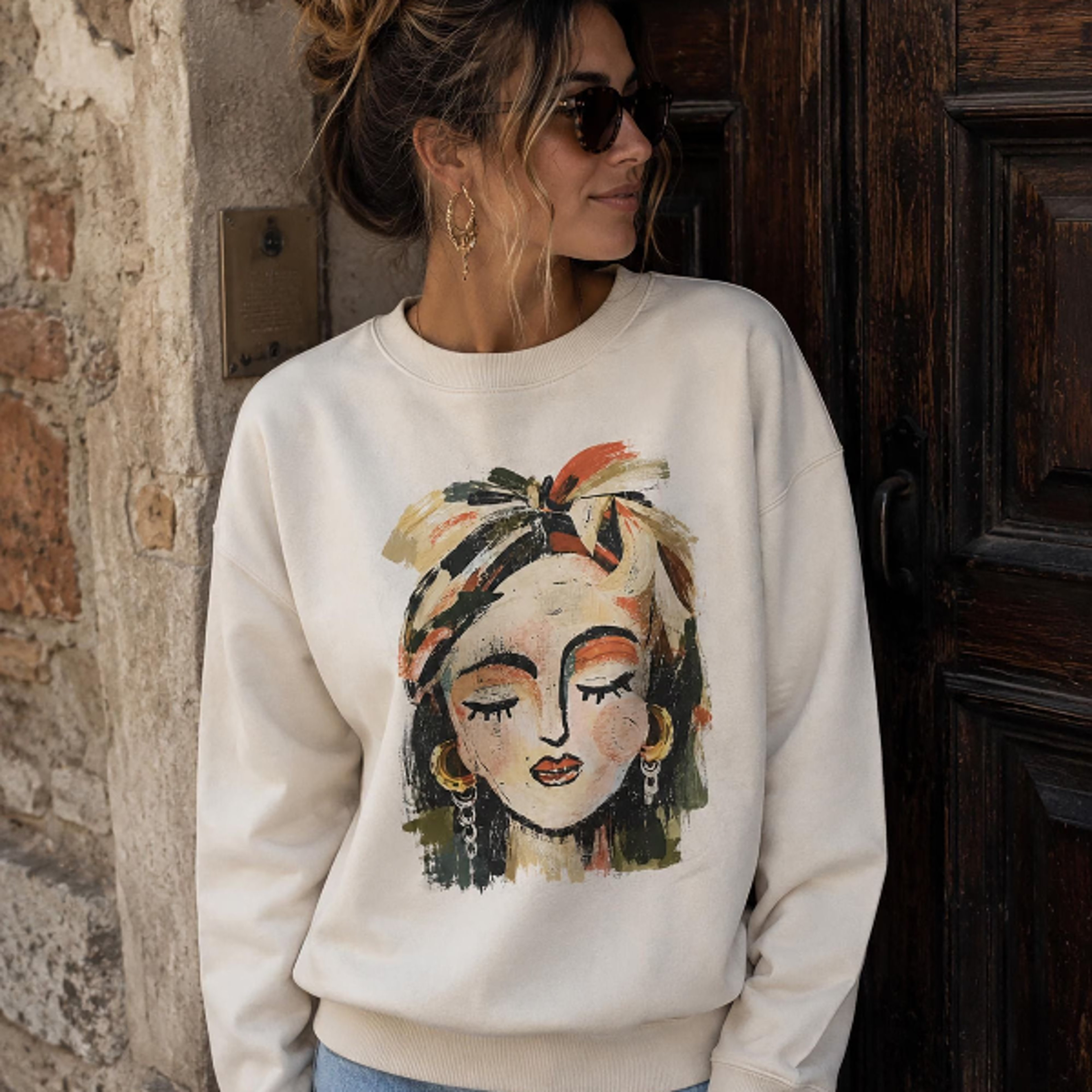 women's sweater with art portrait print, organic cotton, casual fit sweater, abstract boho front print, art gi