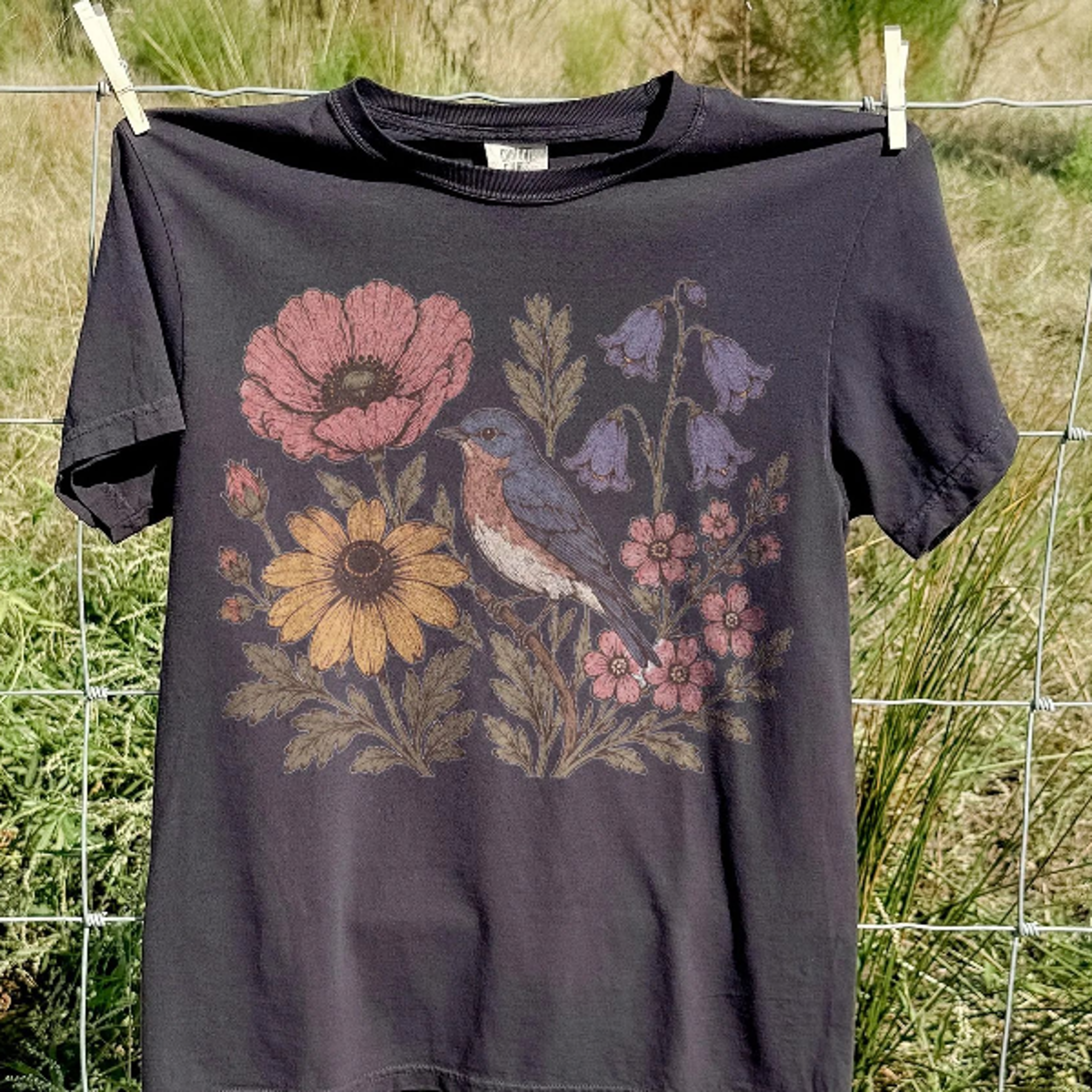 vintage bluebird flower shirt, retro botanical bird graphic tee, classic wildflower garden top