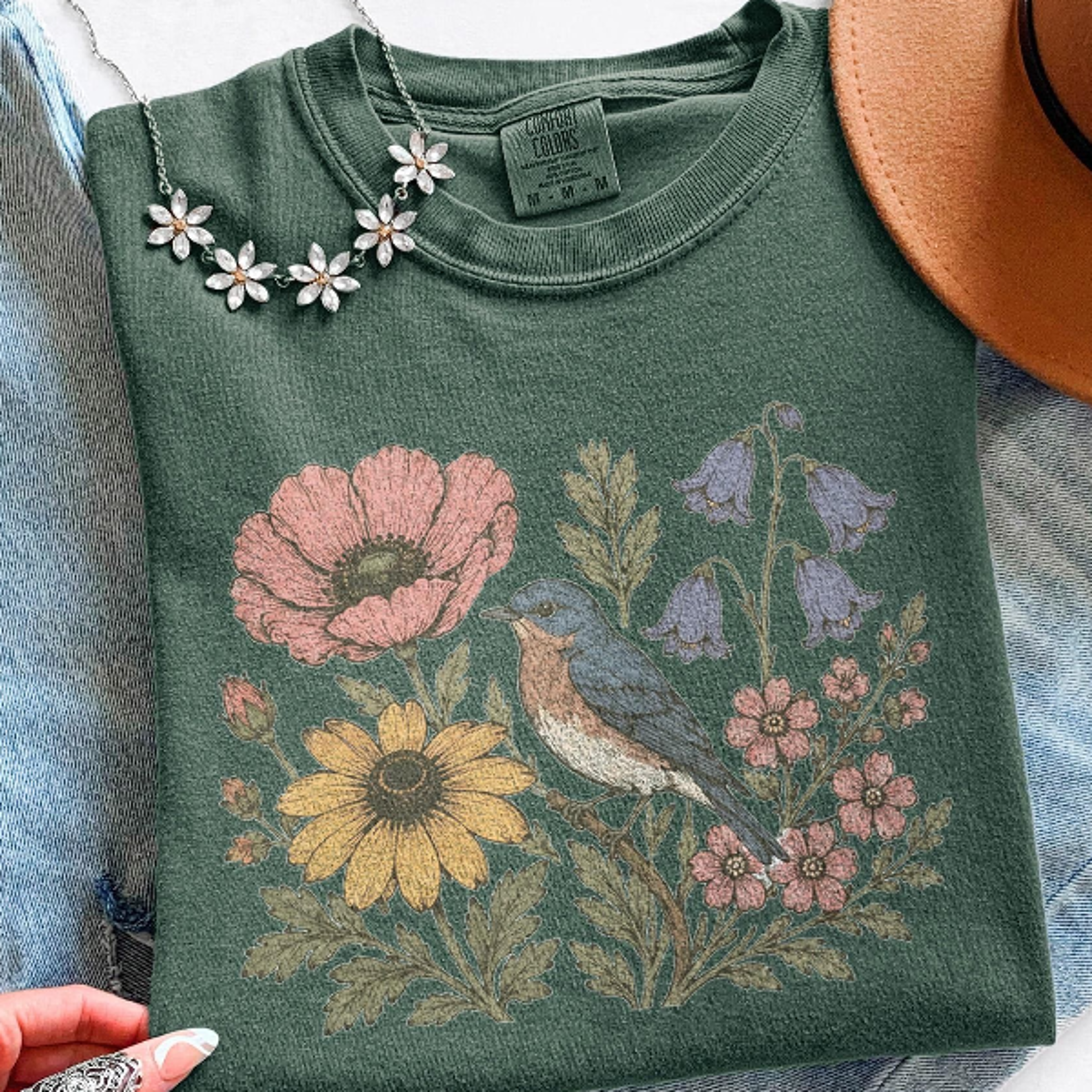 Vintage Bluebird Flower Shirt Retro Botanical Bird Graphic Tee Classic Wildflower Garden Top 1