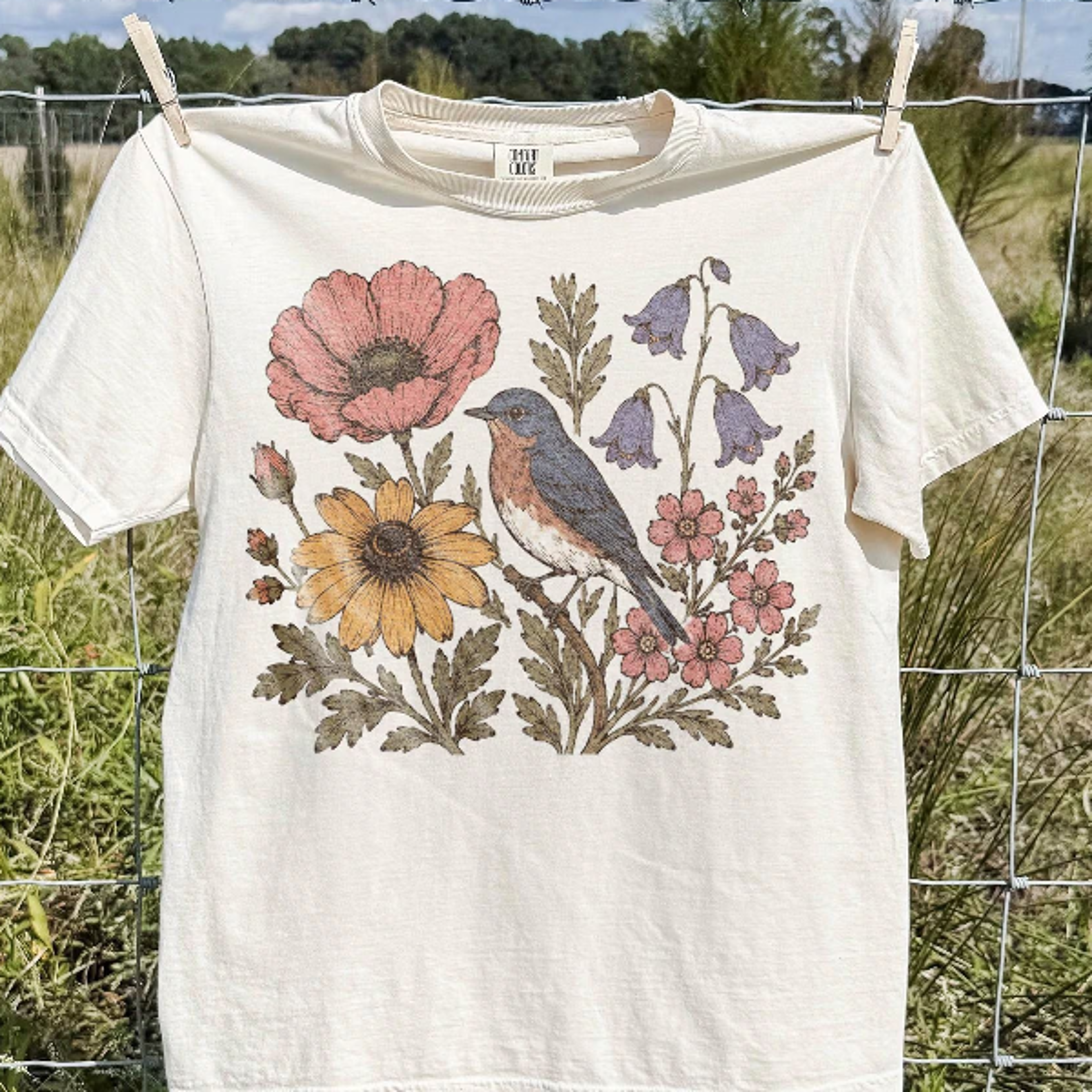 Vintage Bluebird Flower Shirt Retro Botanical Bird Graphic Tee Classic Wildflower Garden Top 2