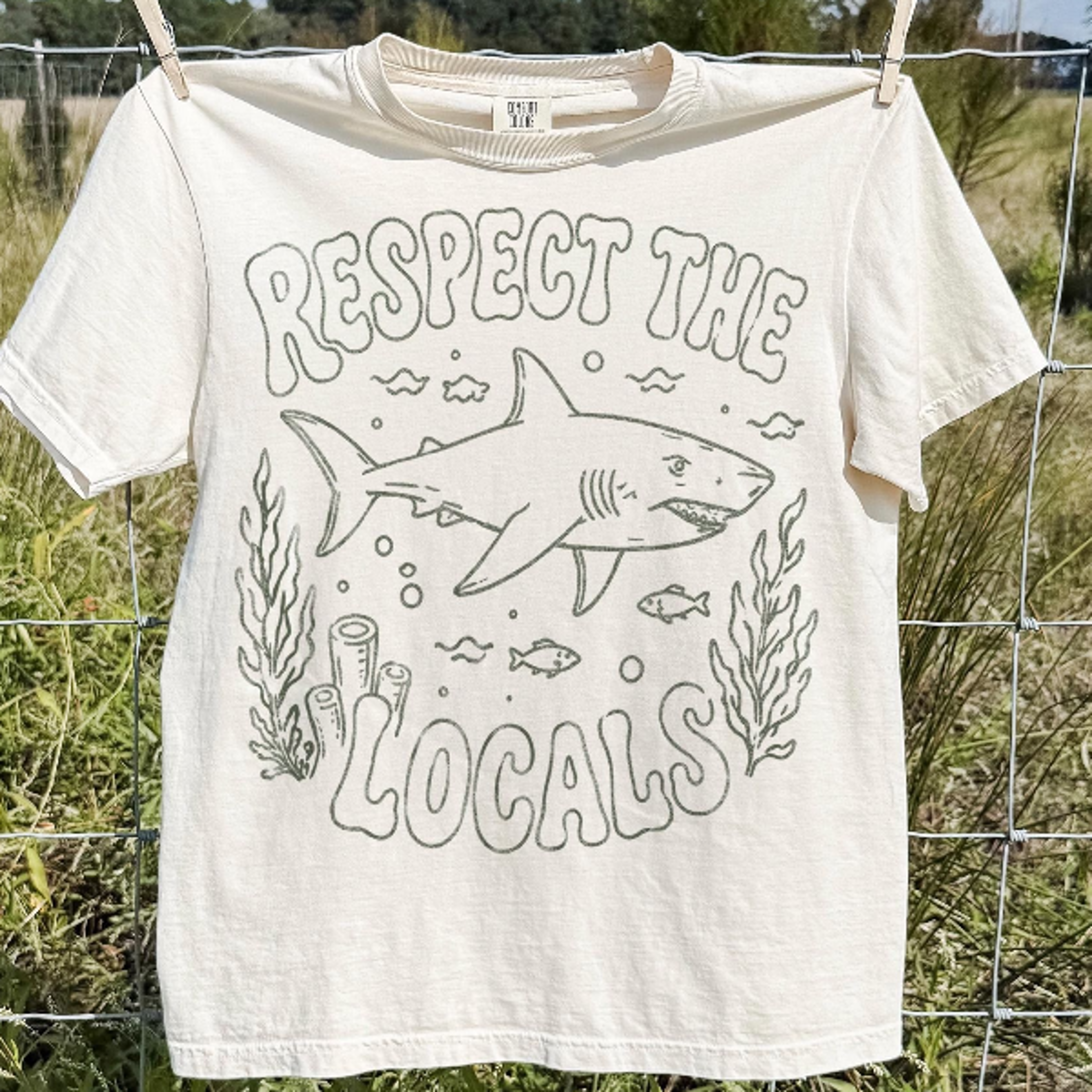 vintage respect the locals shark graphic tee, ocean predator wildlife shirt, coastal retro beach