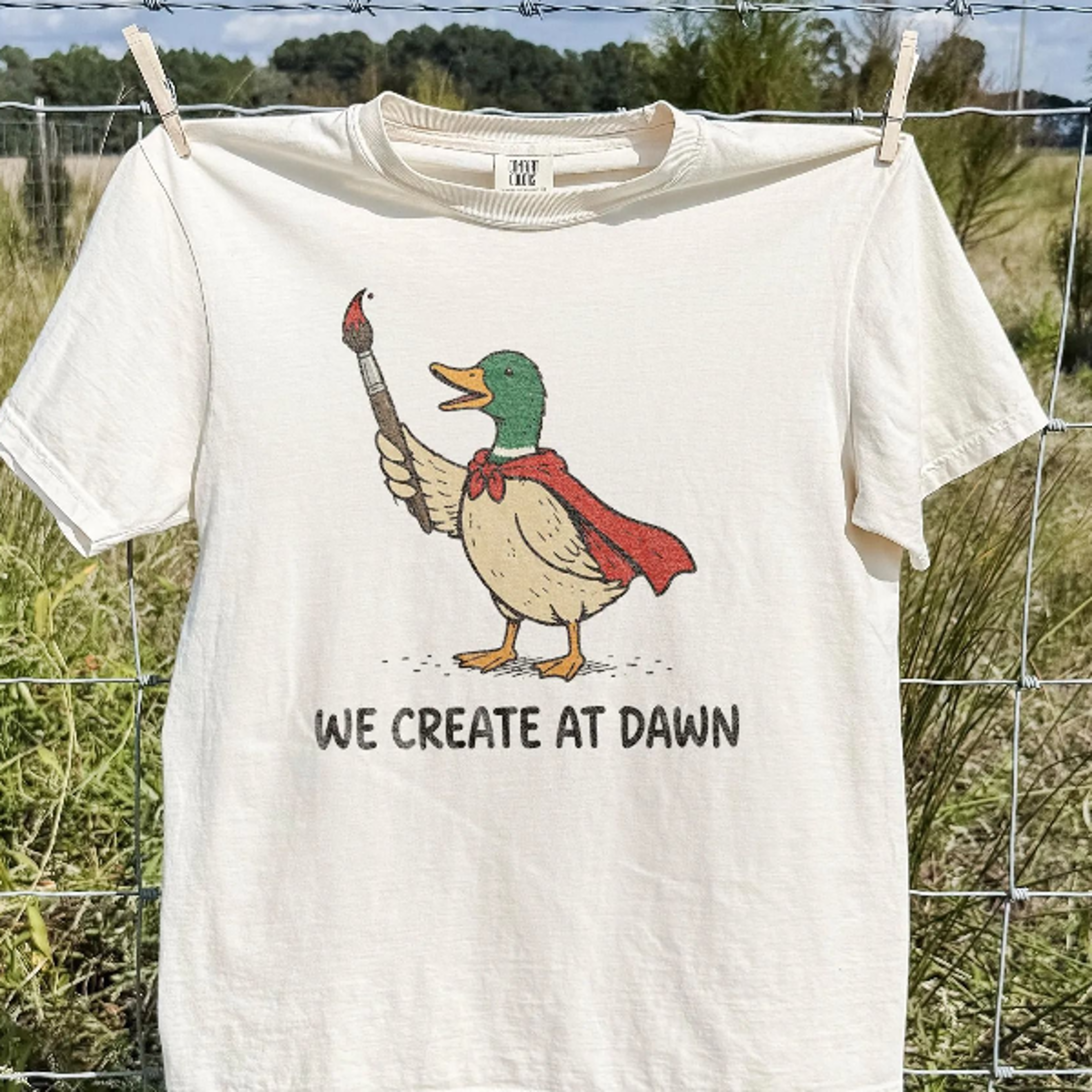 funny artist teacher duck graphic tee, we create at dawn creative classroom shirt, art educator gift