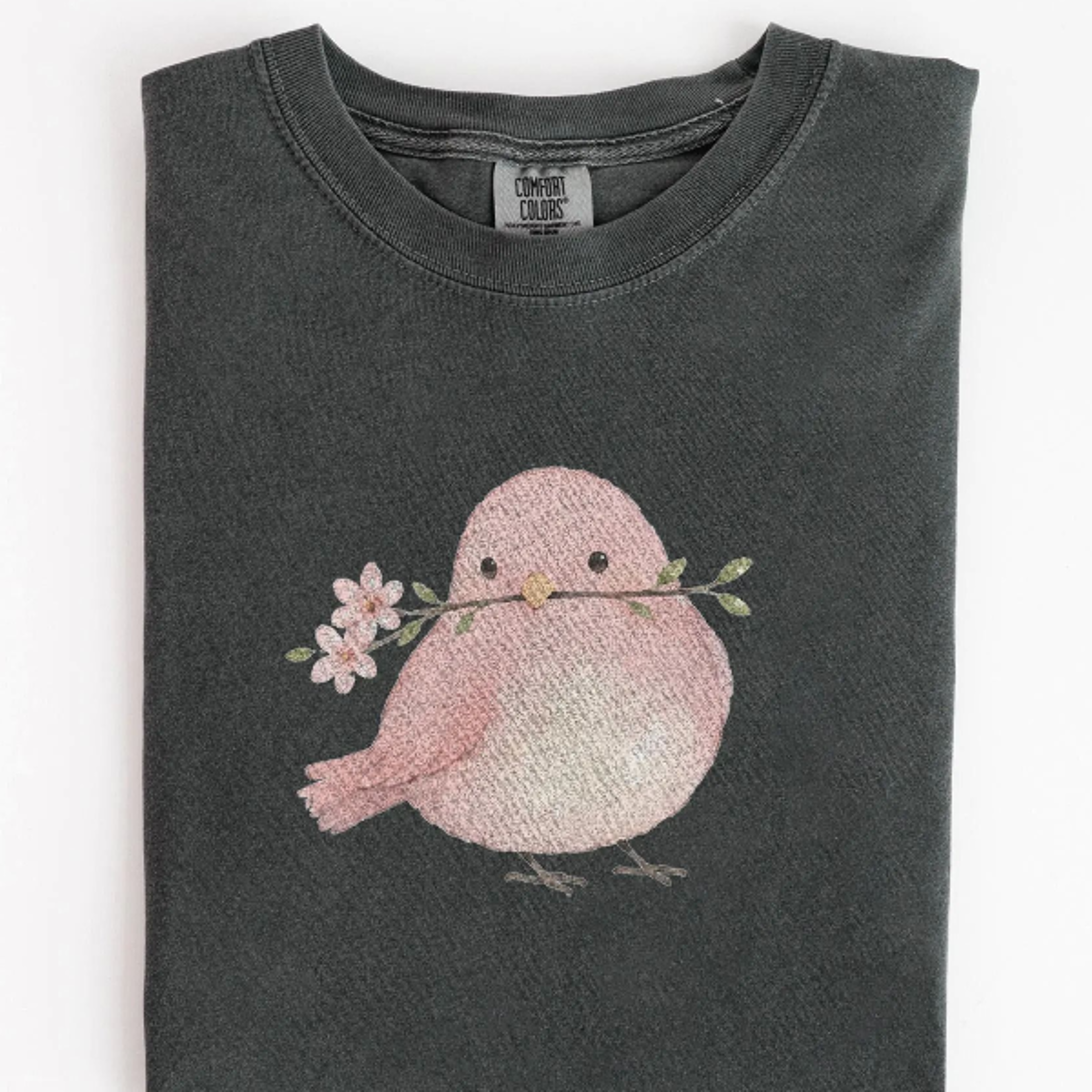 cute pink bird graphic tee, watercolor spring blossom nature shirt, cottagecore floral fashion
