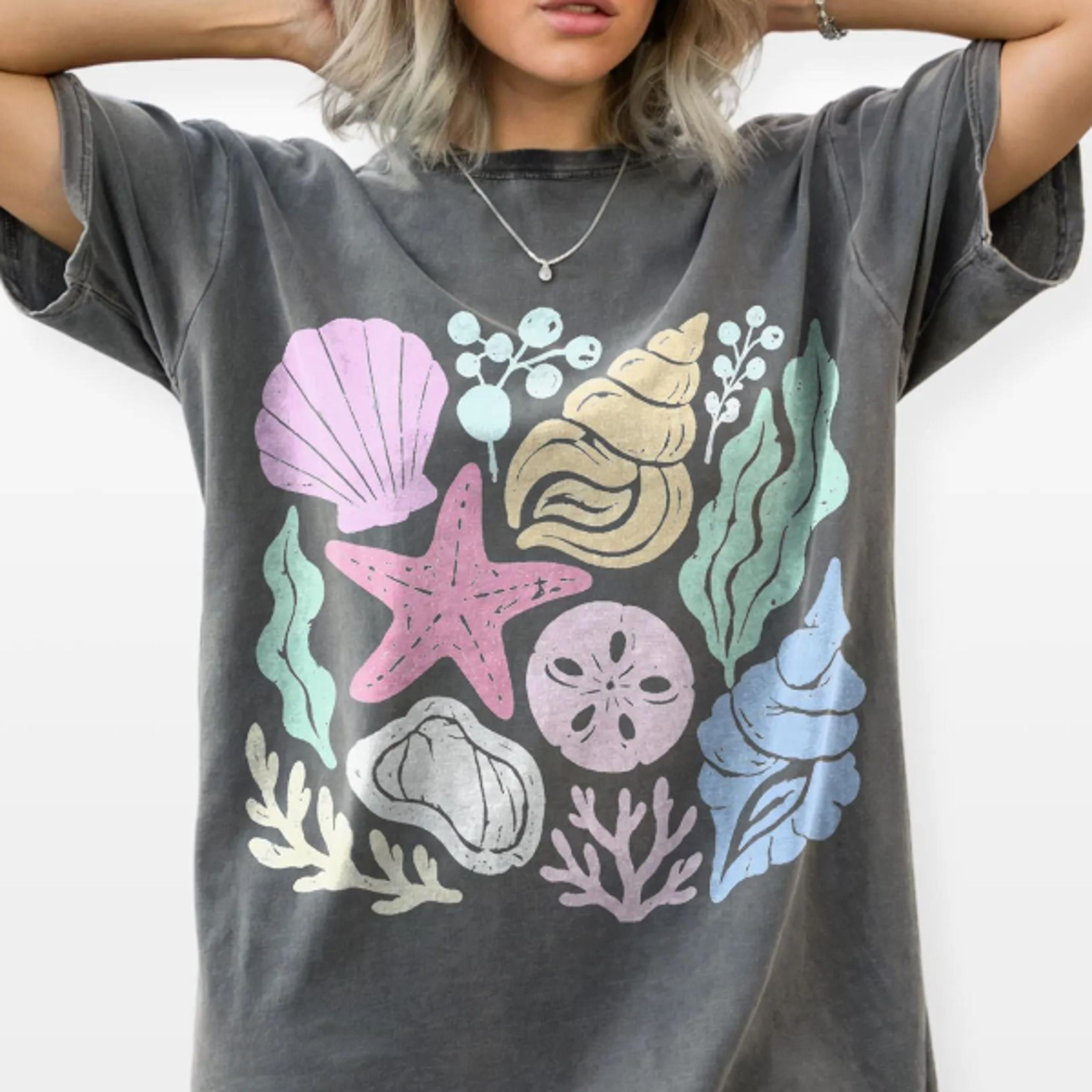 coastal seashell collection graphic tee, beach lover ocean shirt, pastel starfish summer vacation top,