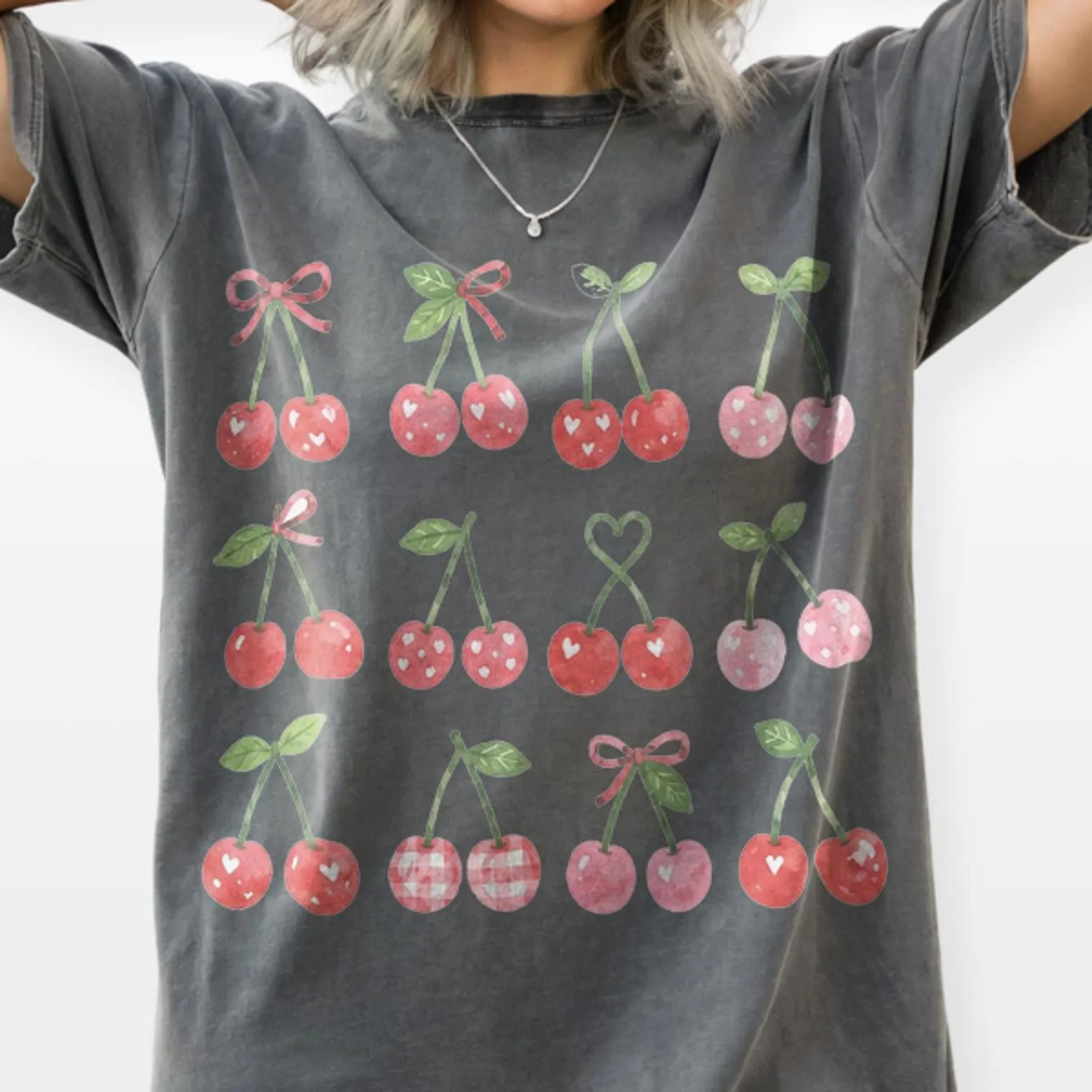 cute watercolor cherry graphic tee, sweet fruit cottagecore shirt, whimsical summer botanical