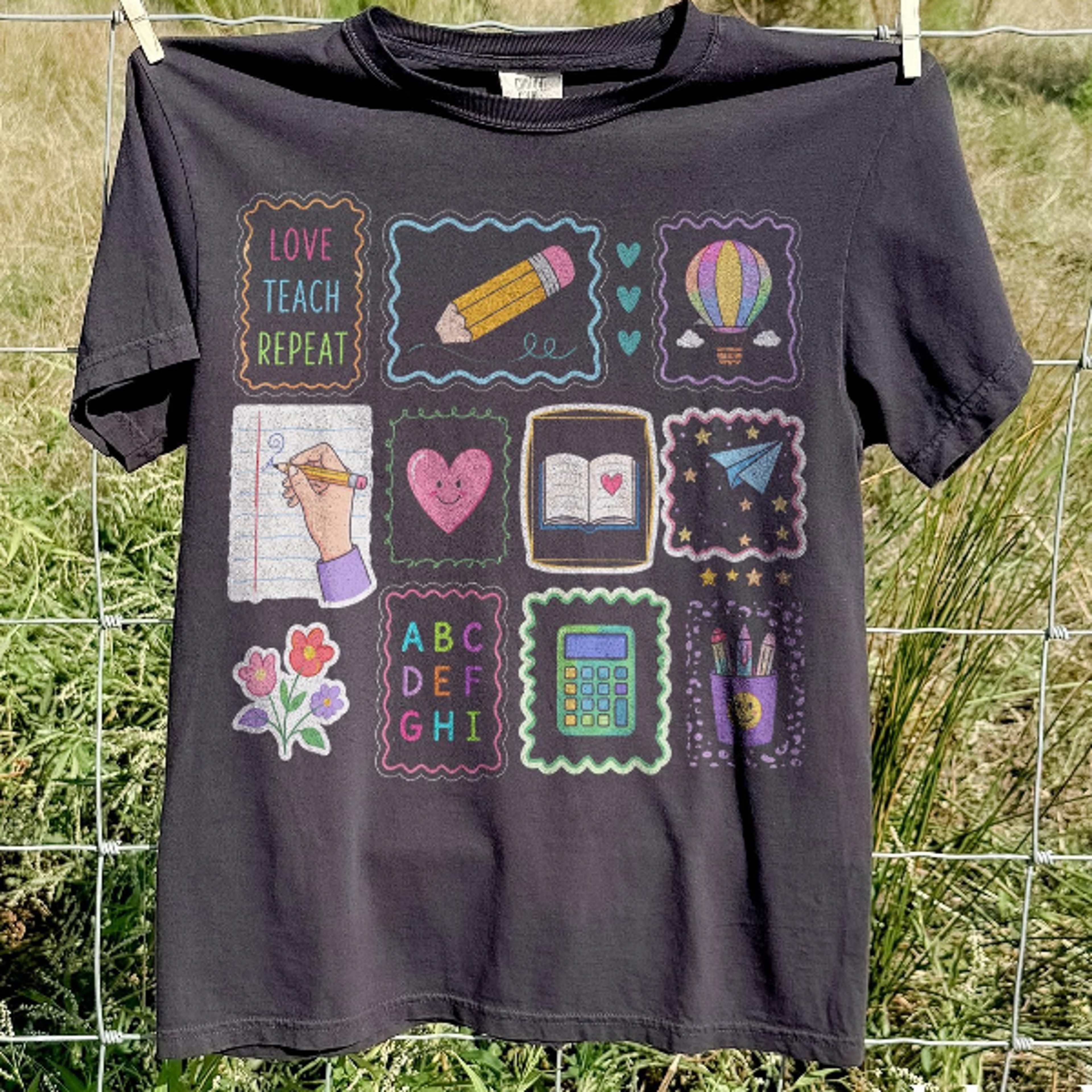 cute classroom sticker graphic tee, colorful school supply teacher shirt, learning essentials education