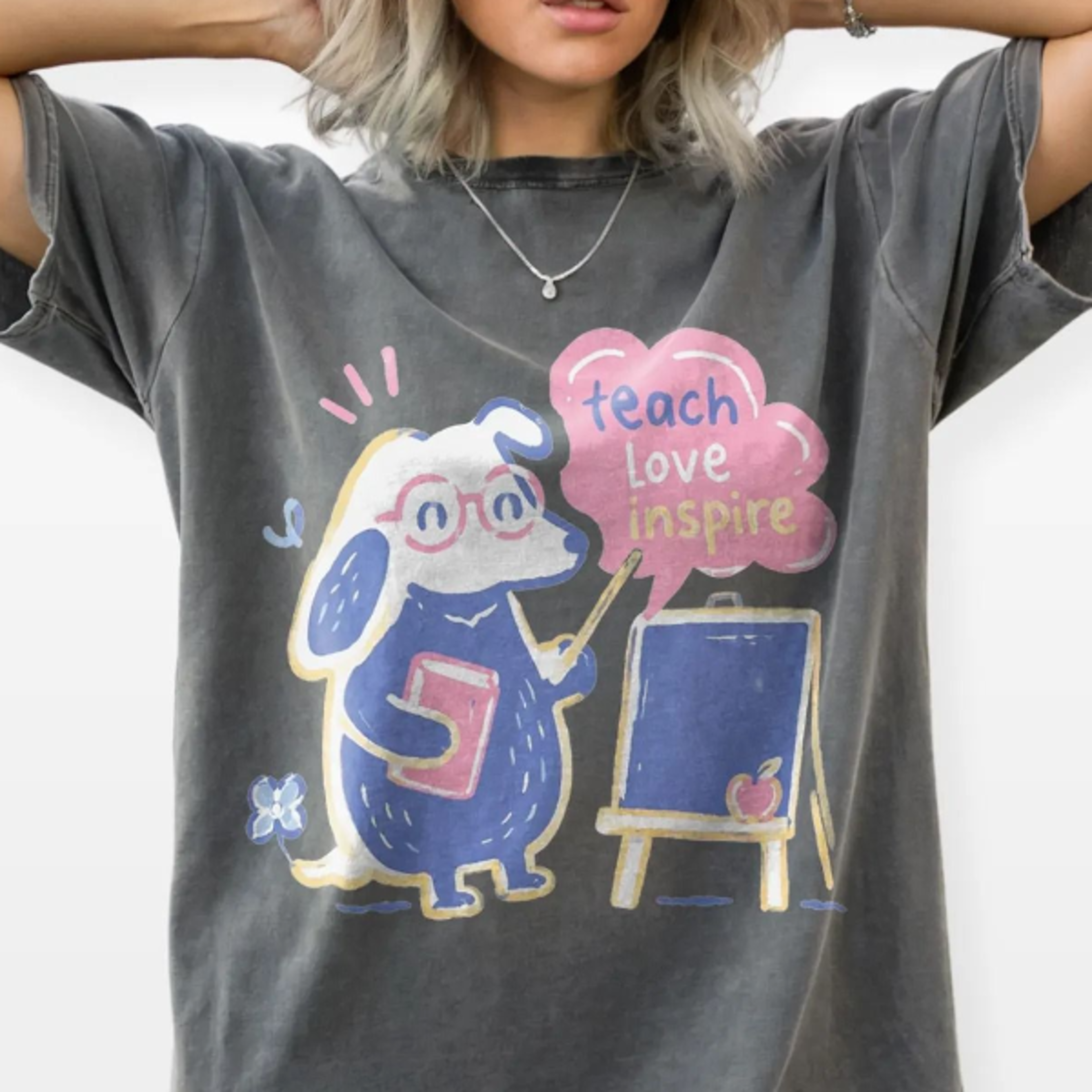 whimsical mouse blackboard graphic tee, teach love inspire teacher book lover shirt