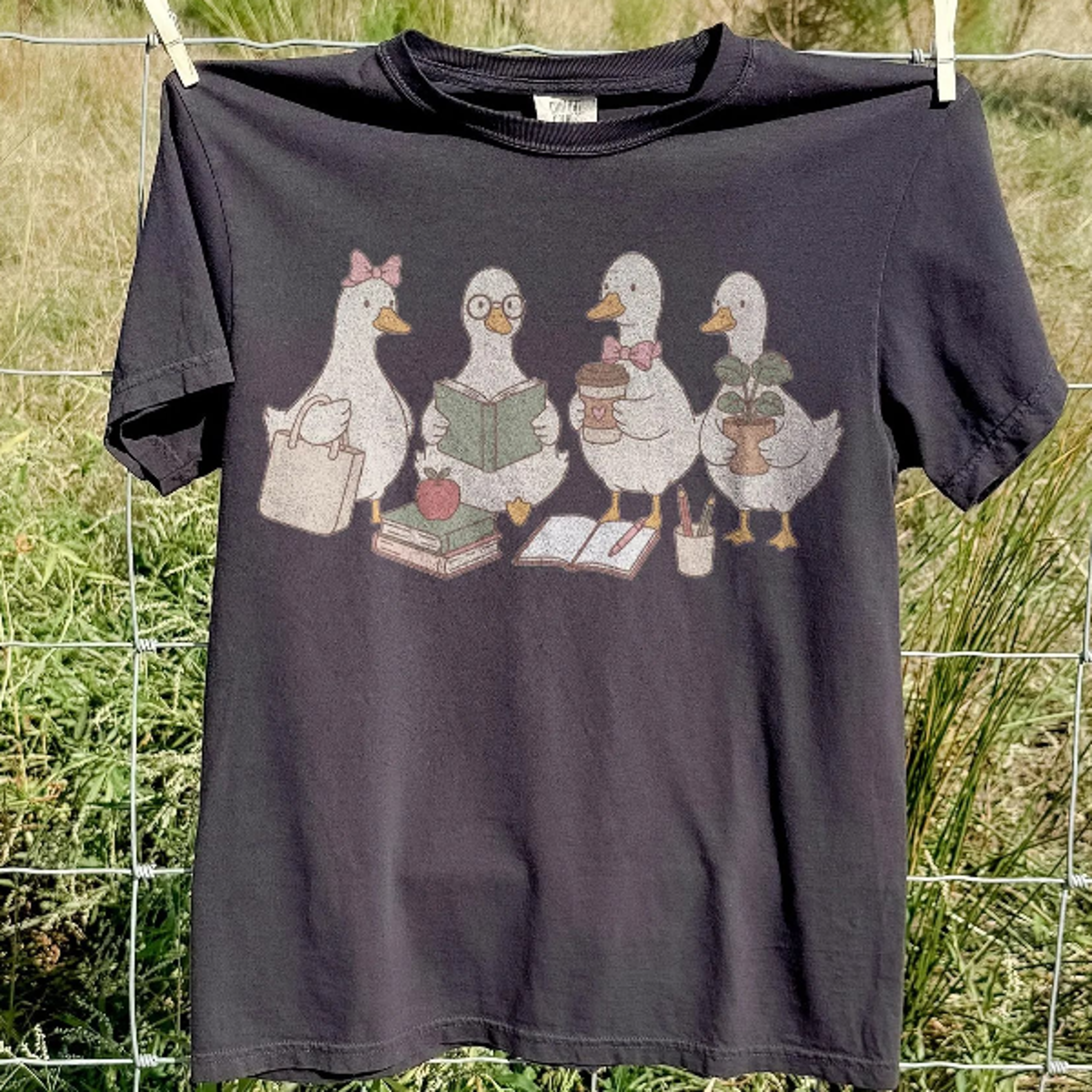 charming goose collection graphic tee, everyday teacher lifestyle shirt, reading coffee plants