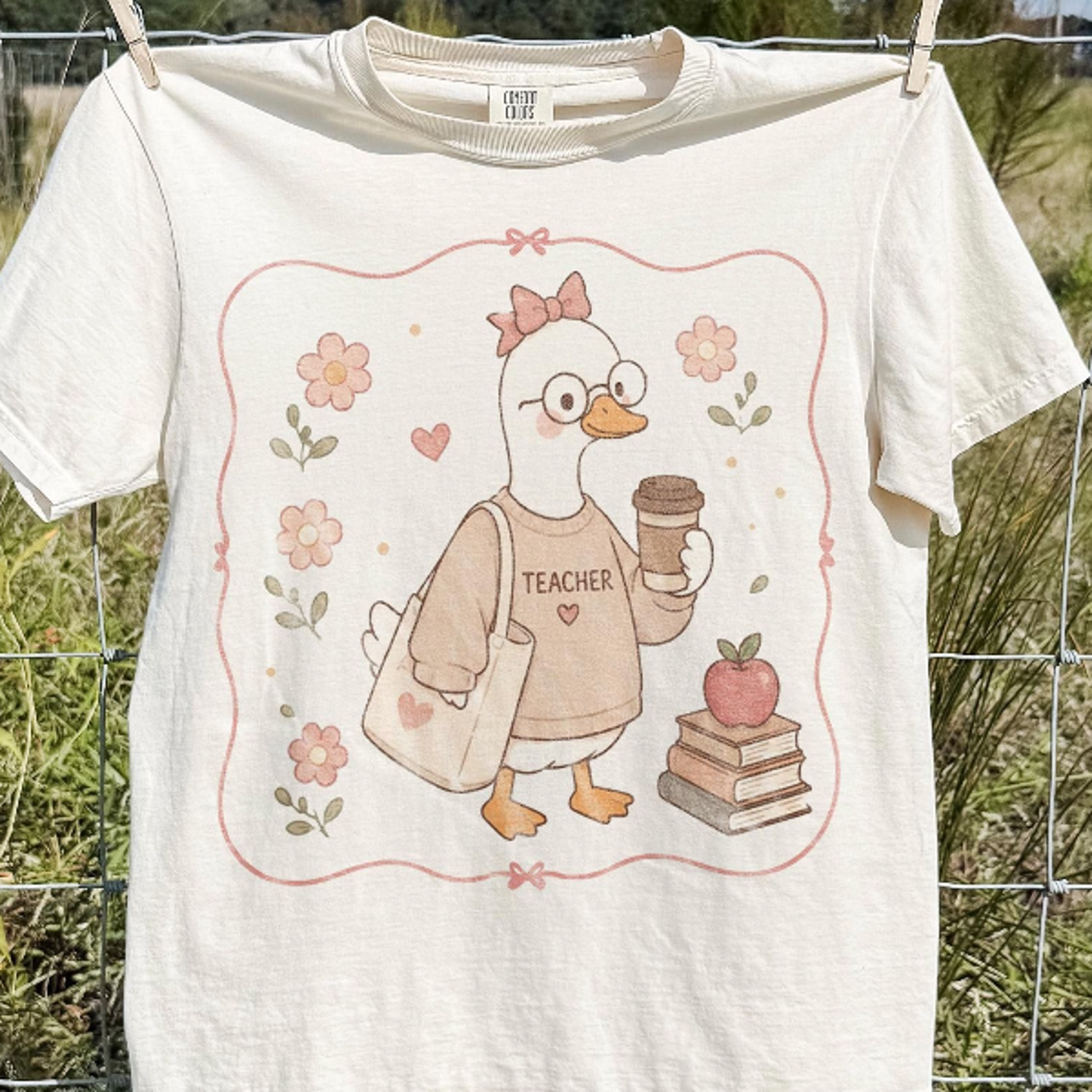 vintage goose coffee graphic tee, floral teacher morning routine shirt, apple books cozy lifestyle