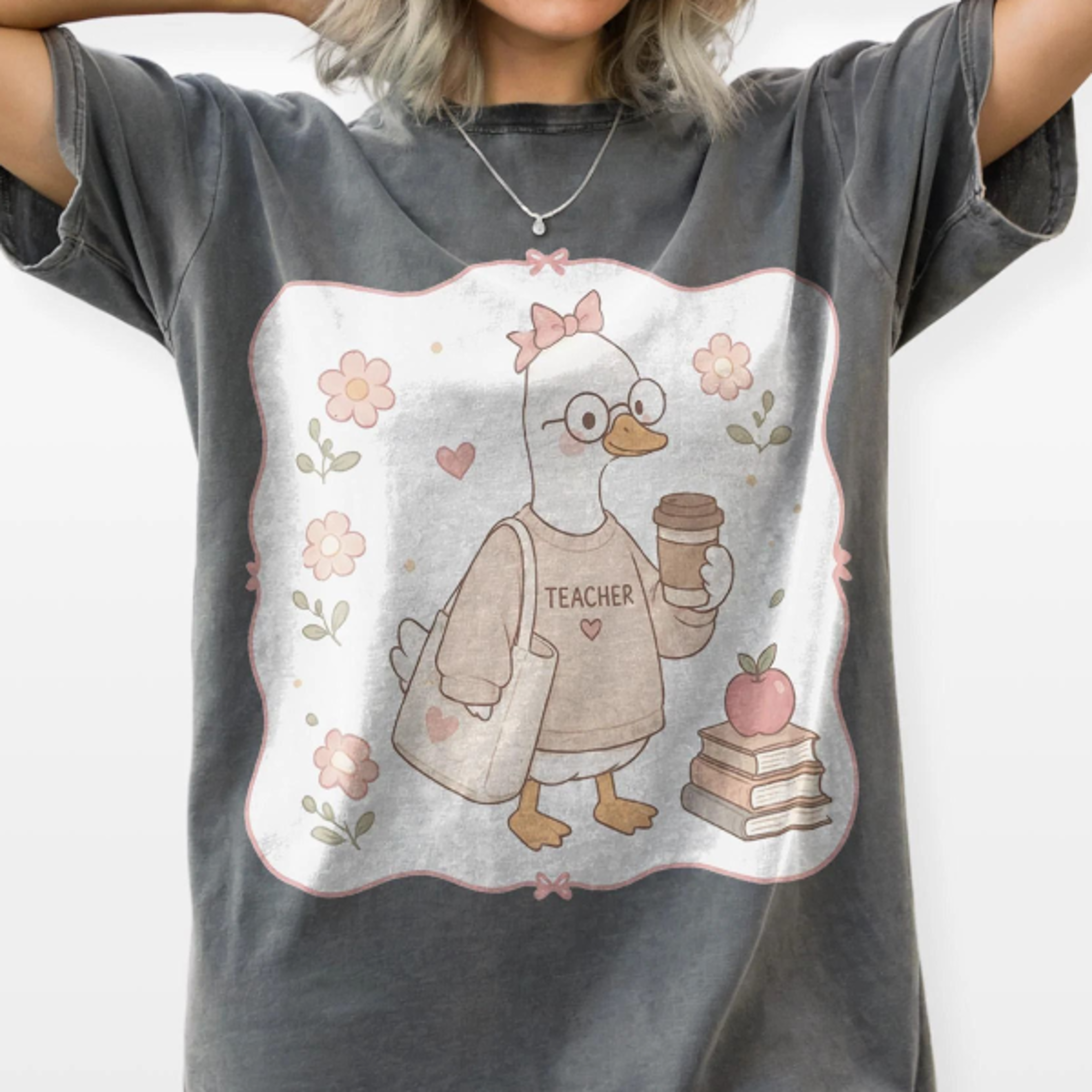 Vintage Goose Coffee Graphic Tee Floral Teacher Morning Routine Shirt Apple Books Cozy Lifestyle 2