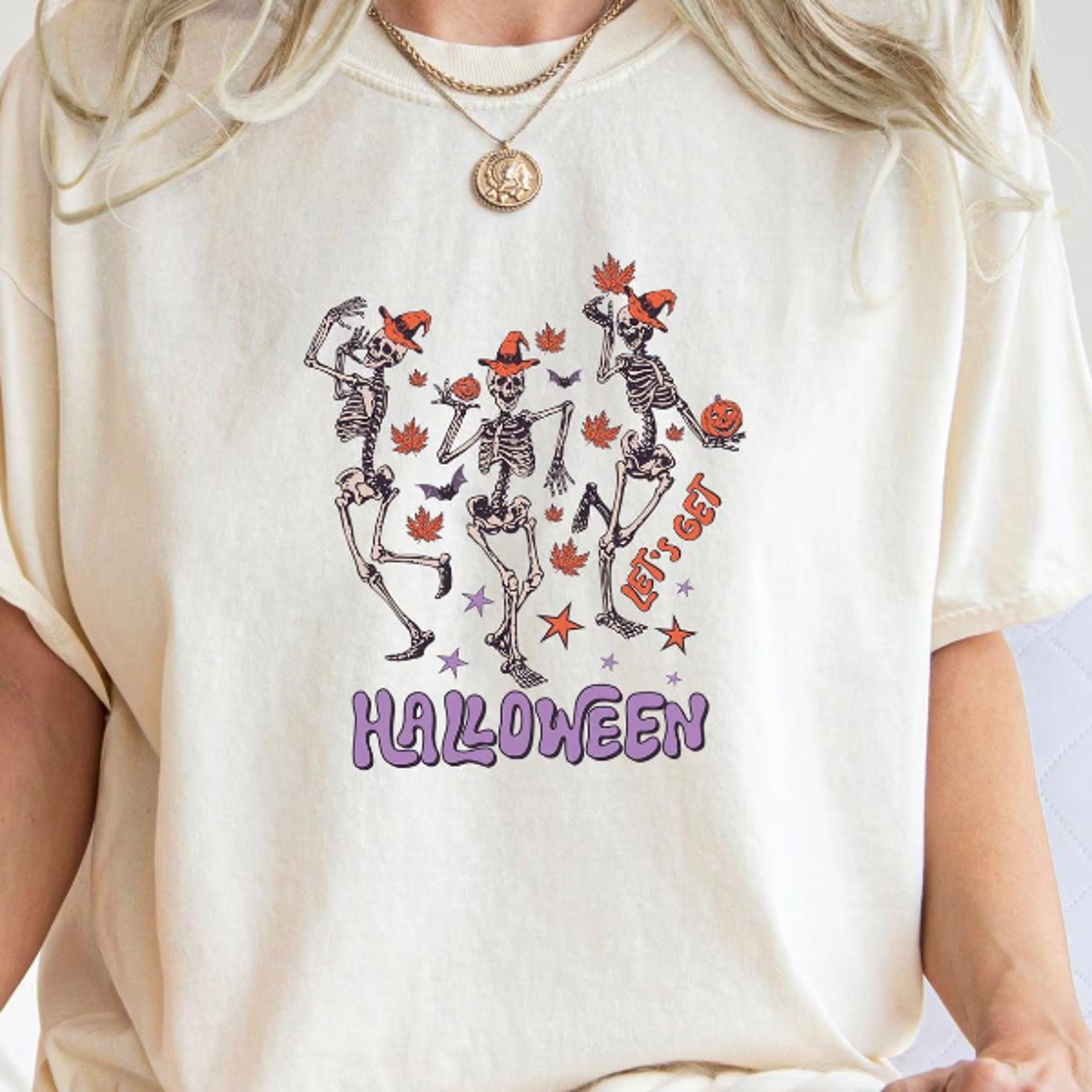 let's get halloween shirt dancing skeletons retro witch hat tee