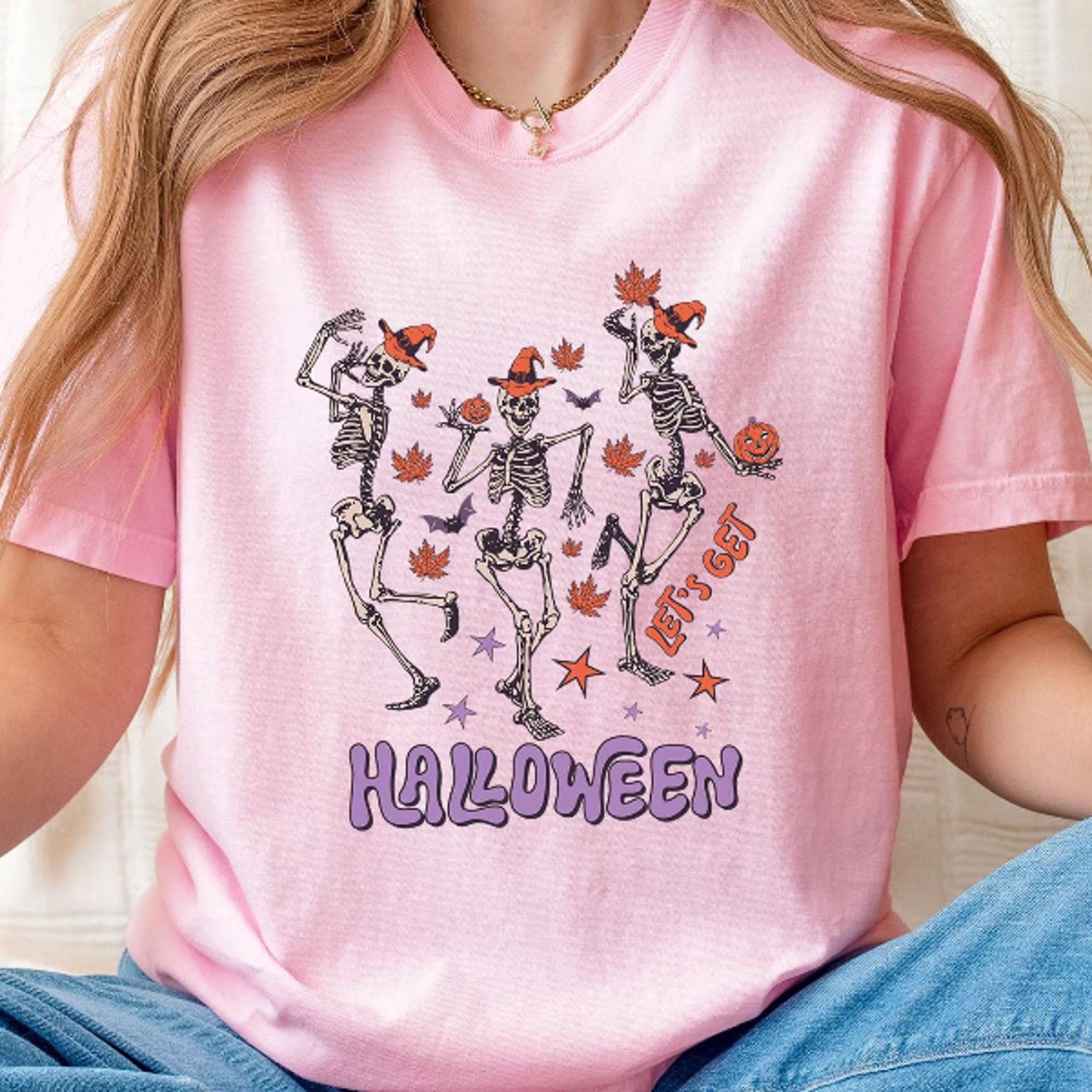 Lets Get Halloween Shirt Dancing Skeletons Retro Witch Hat Tee 2