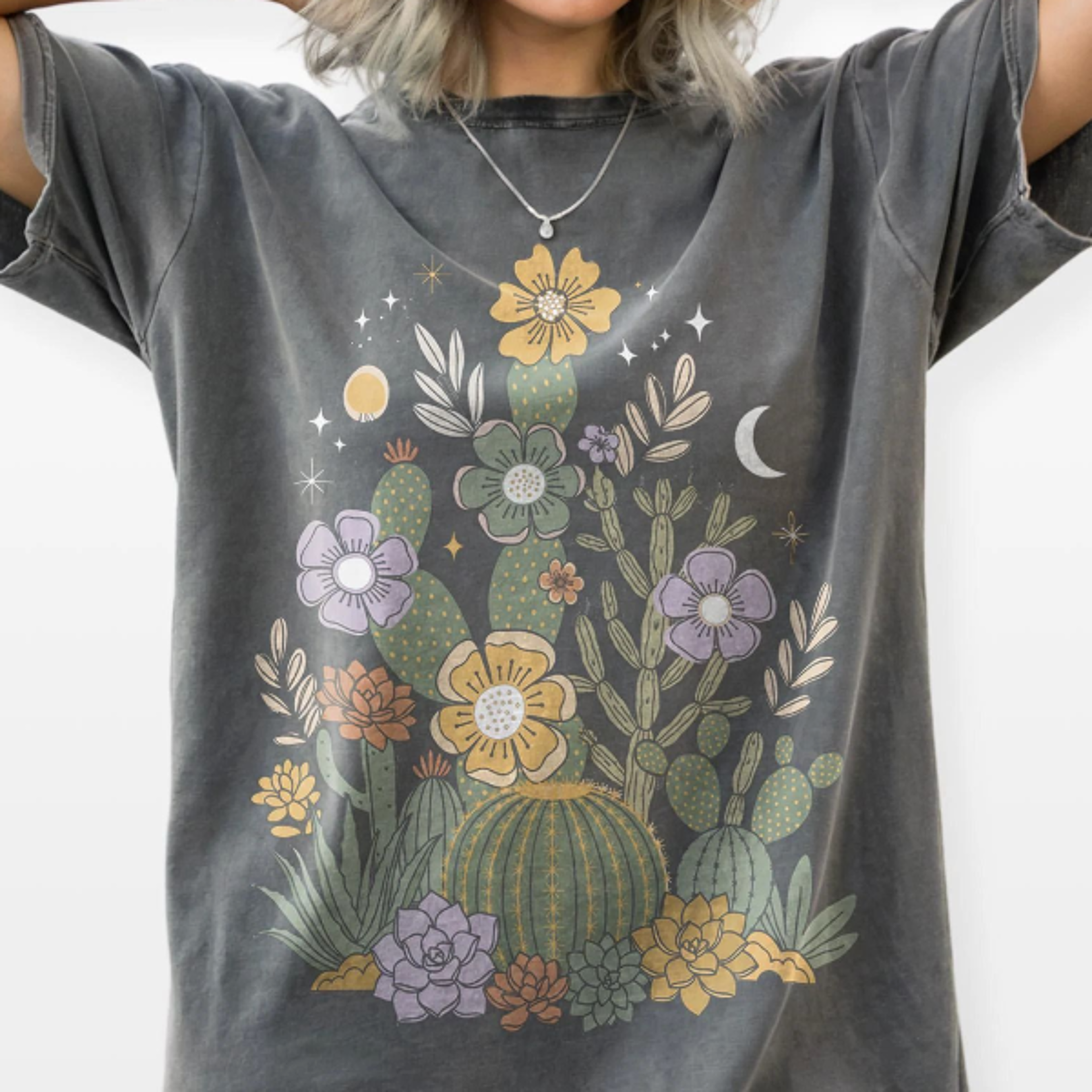 retro desert cactus floral graphic tee, southwest botanical nature shirt, boho western vintage style top, comfort colors