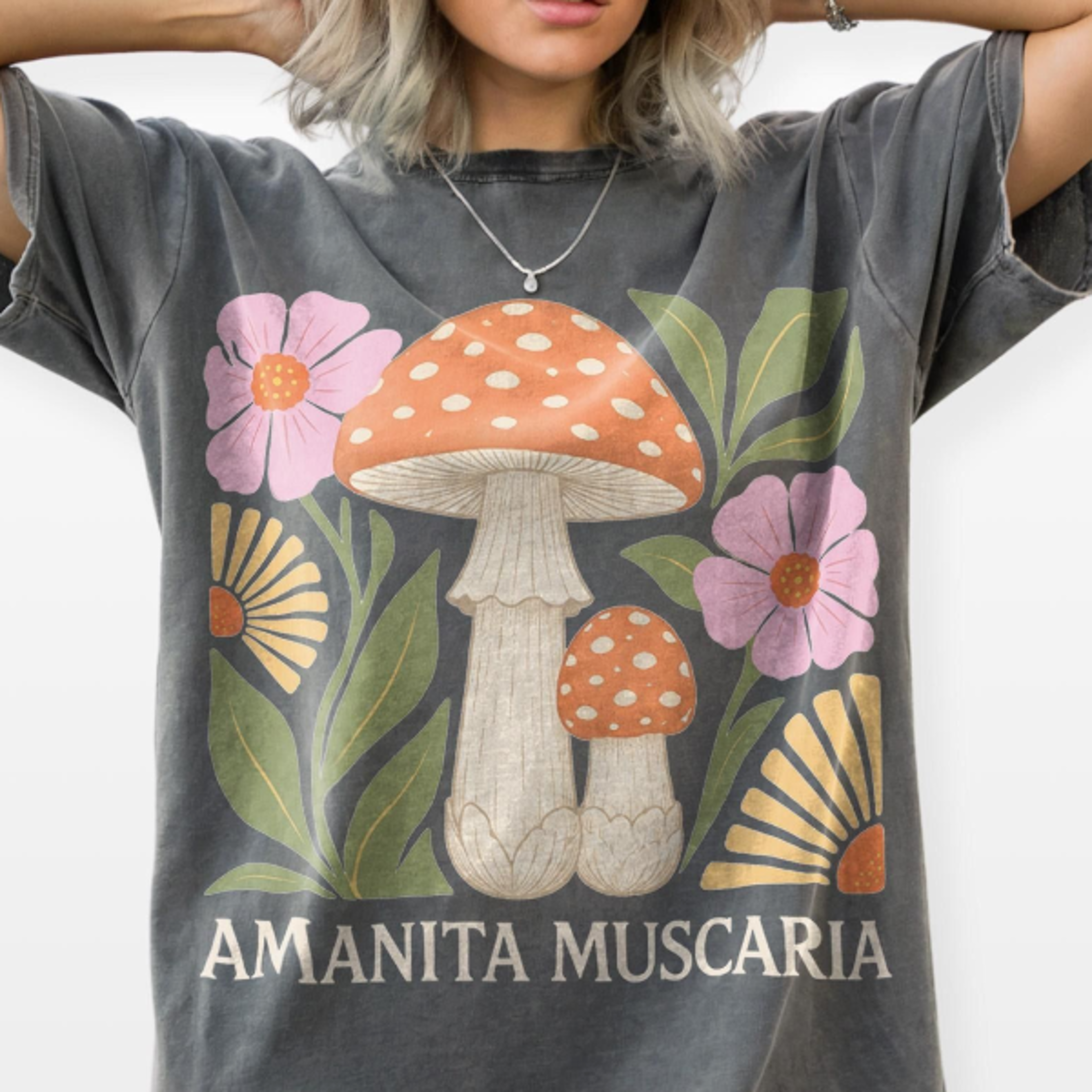 vintage amanita muscaria graphic tee, floral mushroom botanical shirt, cute cottagecore retro style