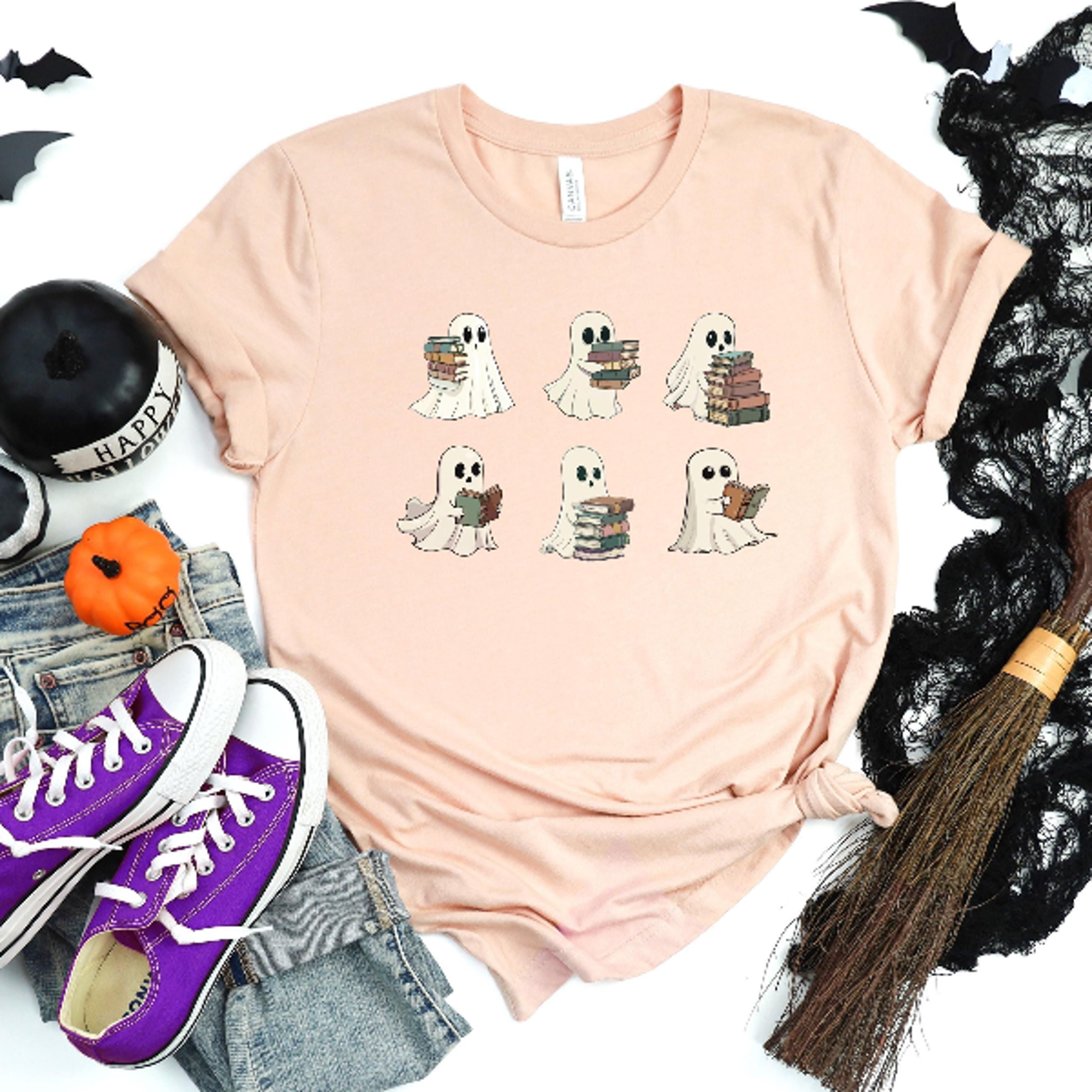 Ghosts Reading Books Shirt Cute Book Lover Spooky Season Tee 1