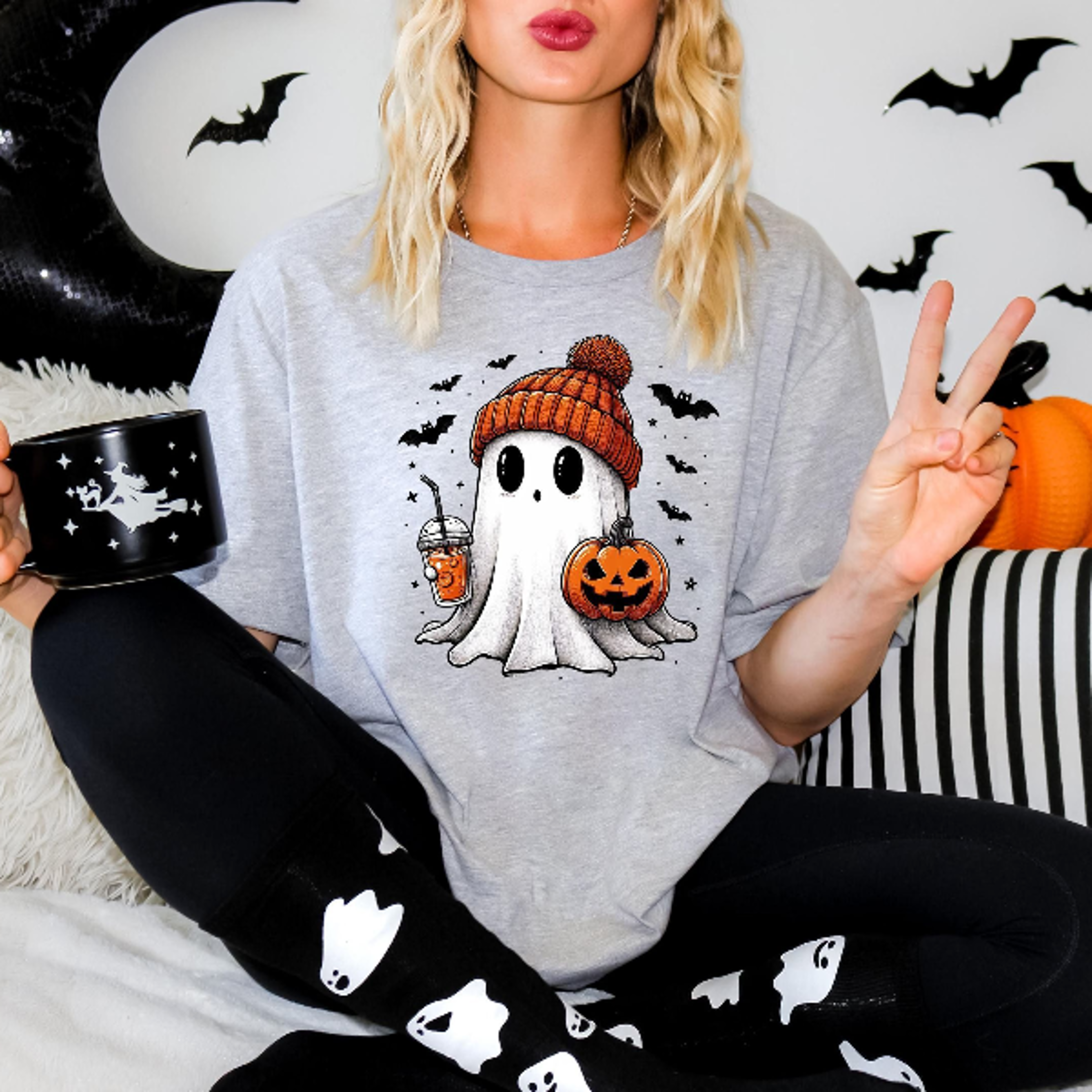 Cute Ghost Drinking Coffee Shirt Spooky Season Coffee Lover Tee 3