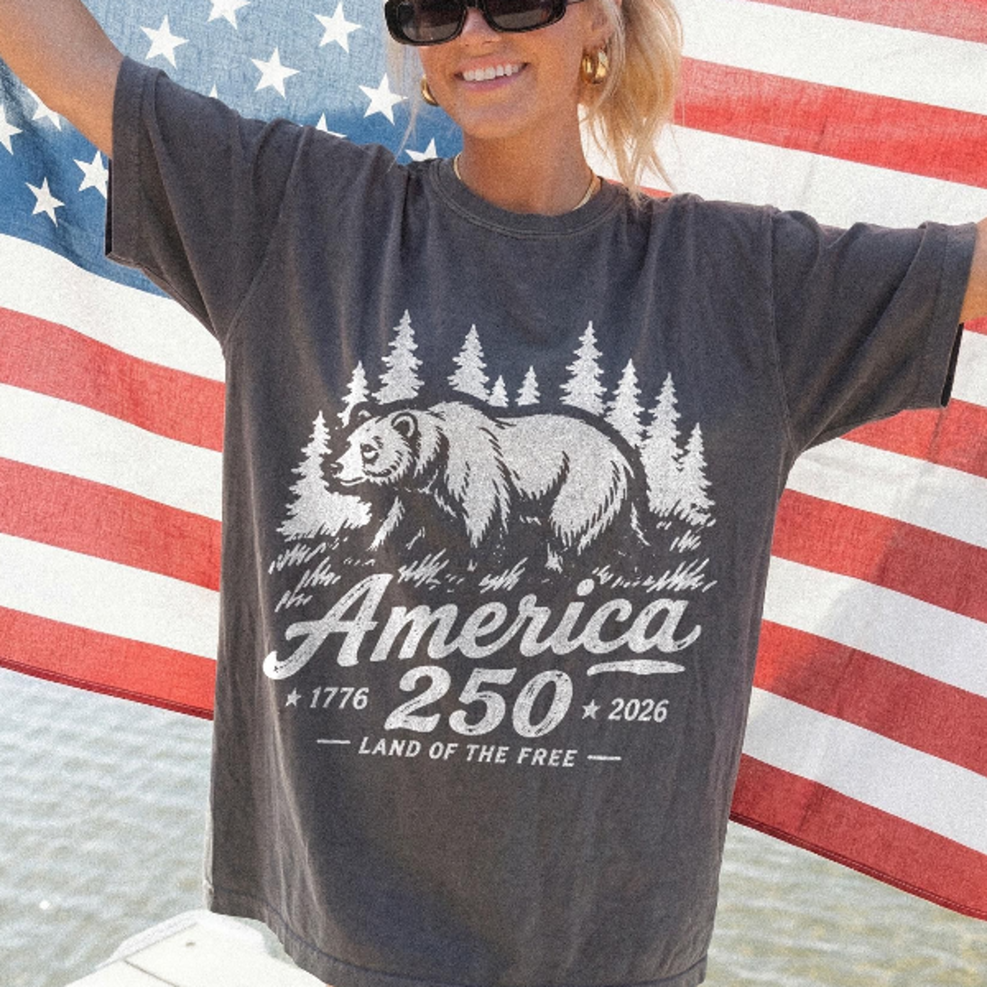 america 250 land of the free shirt, patriotic bear forest graphic tee, independence day celebration,