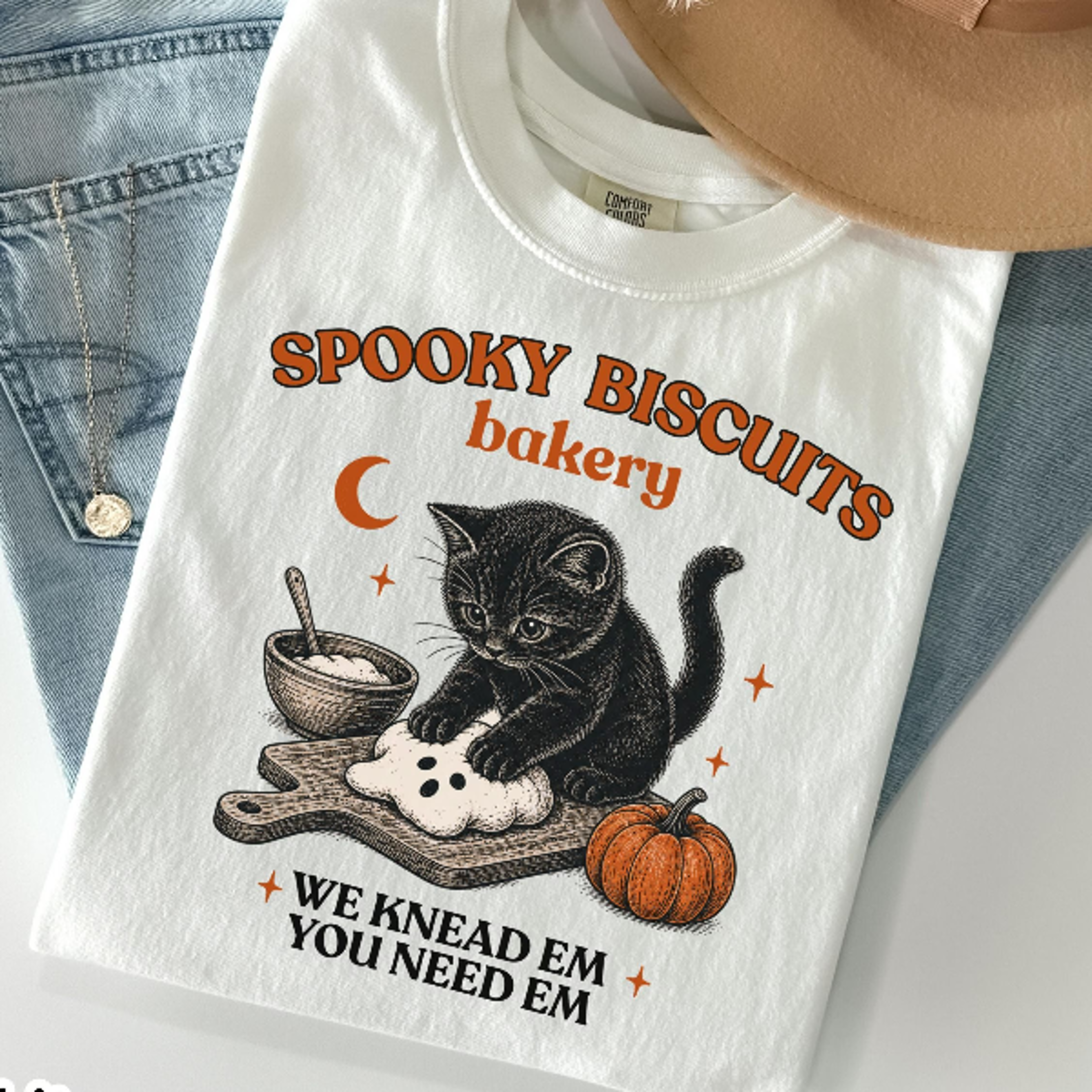 kitty biscuits shirt spooky season tee black cat halloween fall tshirt vintage baking pumpkin t-shirt cat lover fall gif